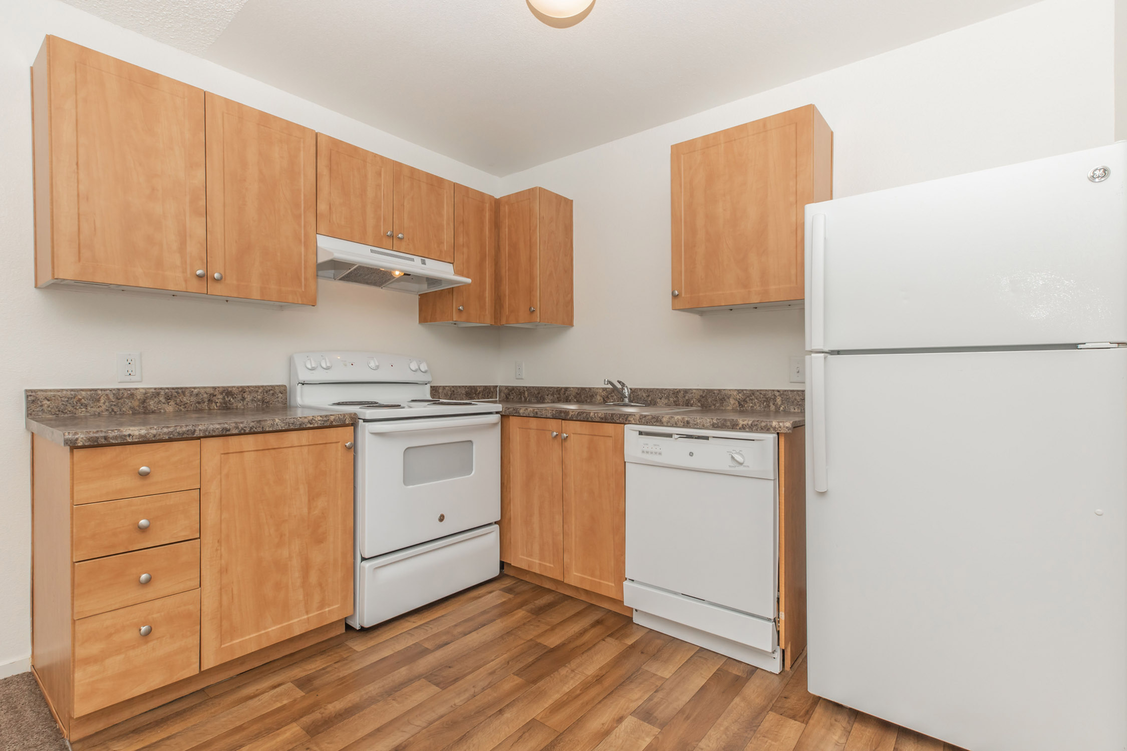 kitchen with white appliances and wood like flooring