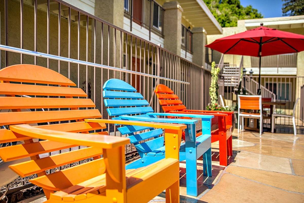 colorful pool side chairs at Solaris at The Biltmore