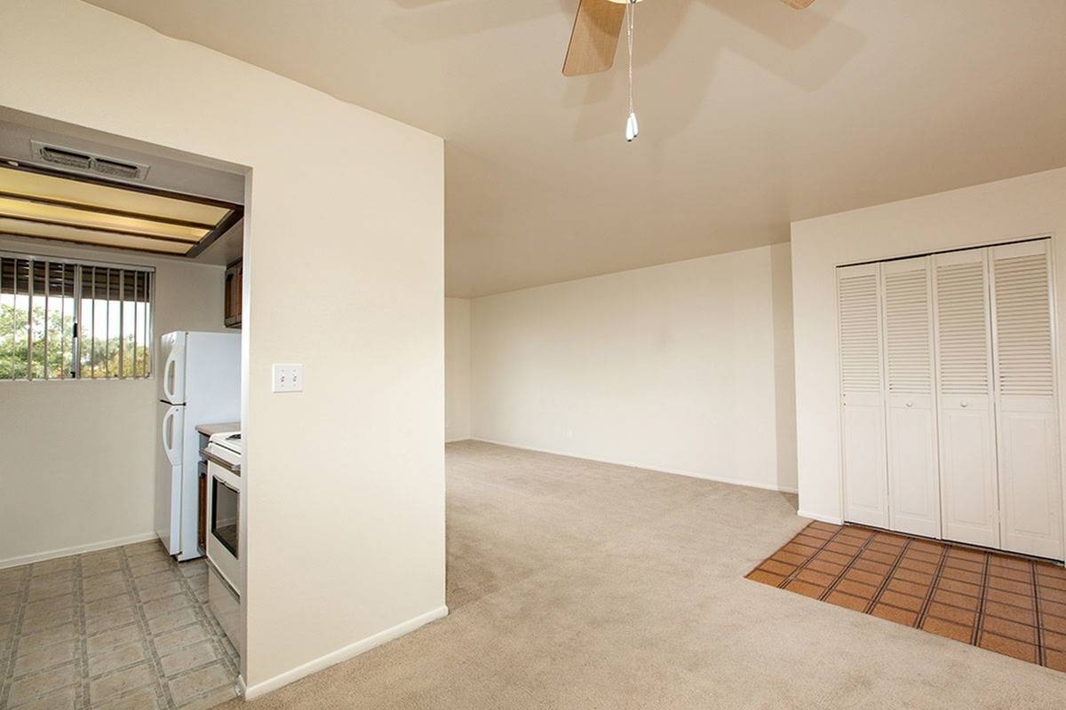 partial view of kitchen and living room with brown carpet at Bridge Lane