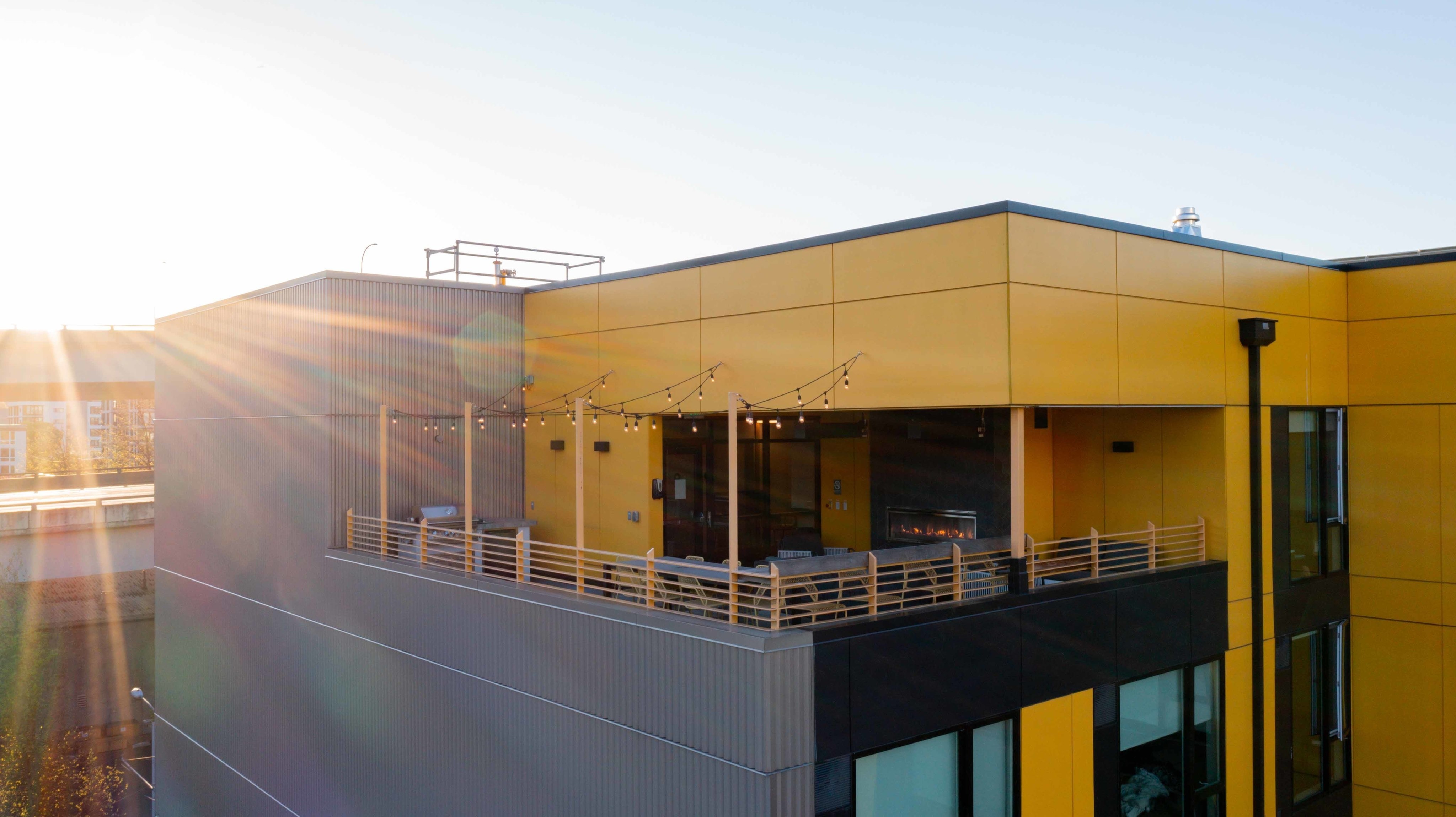 drone view of the rooftop terrace at oro apartments