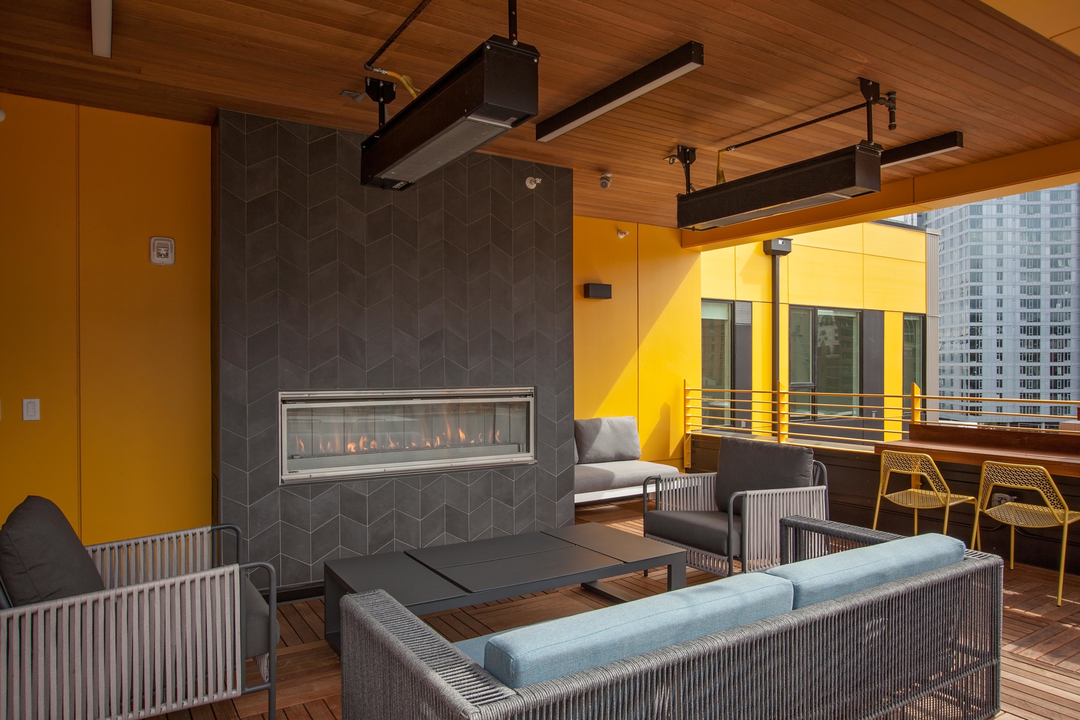 Rooftop Terrace with outdoor fireplace and lounge area and Portland City Views