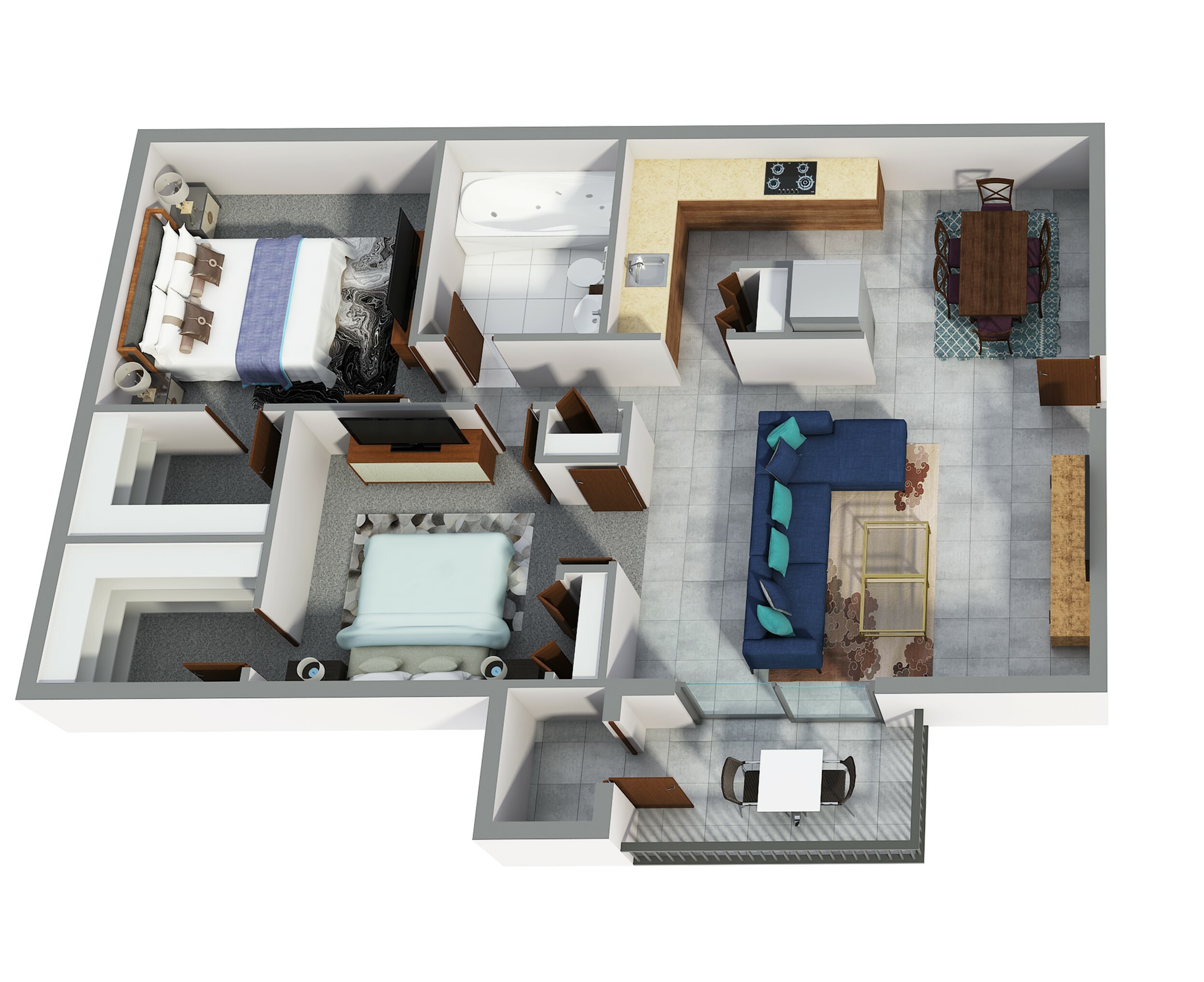Two-Bedroom, One-Bathroom 3D Furnished Floor Plan Rendering