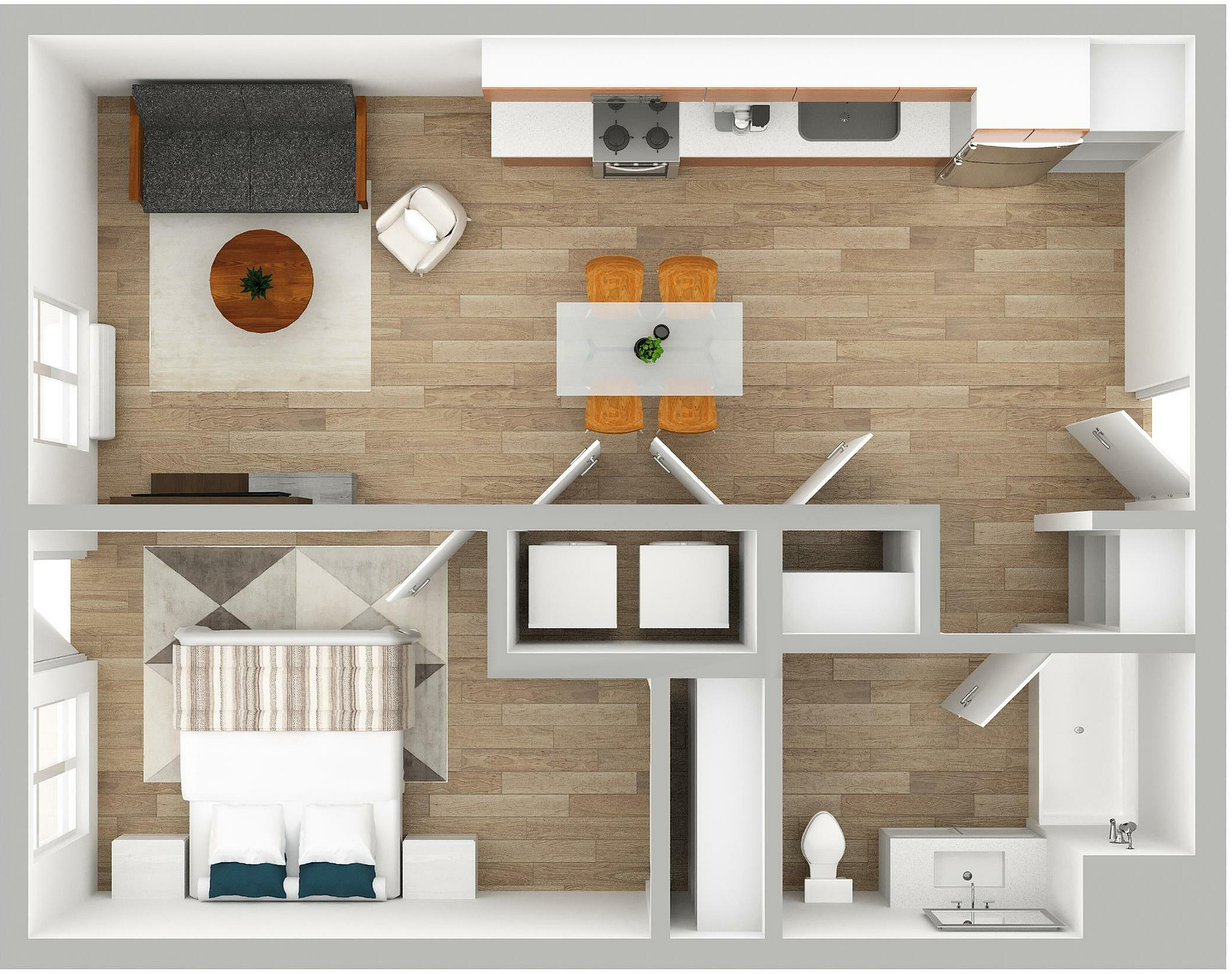 3D Floor Plan Rendering of a One-Bedroom, One-Bathroom Apartment with Furniture.