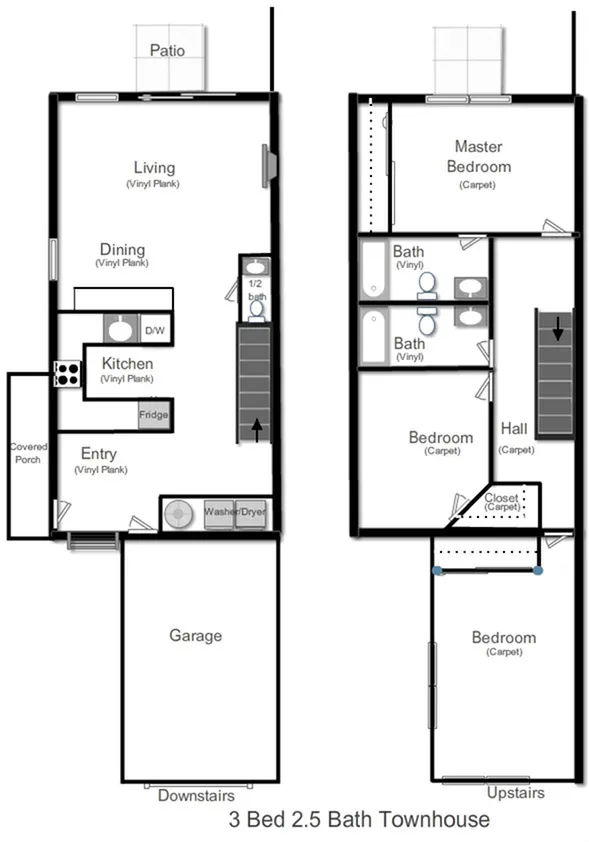 three-bedroom, two-and-a-half-bathroom 2D floorplan rendering