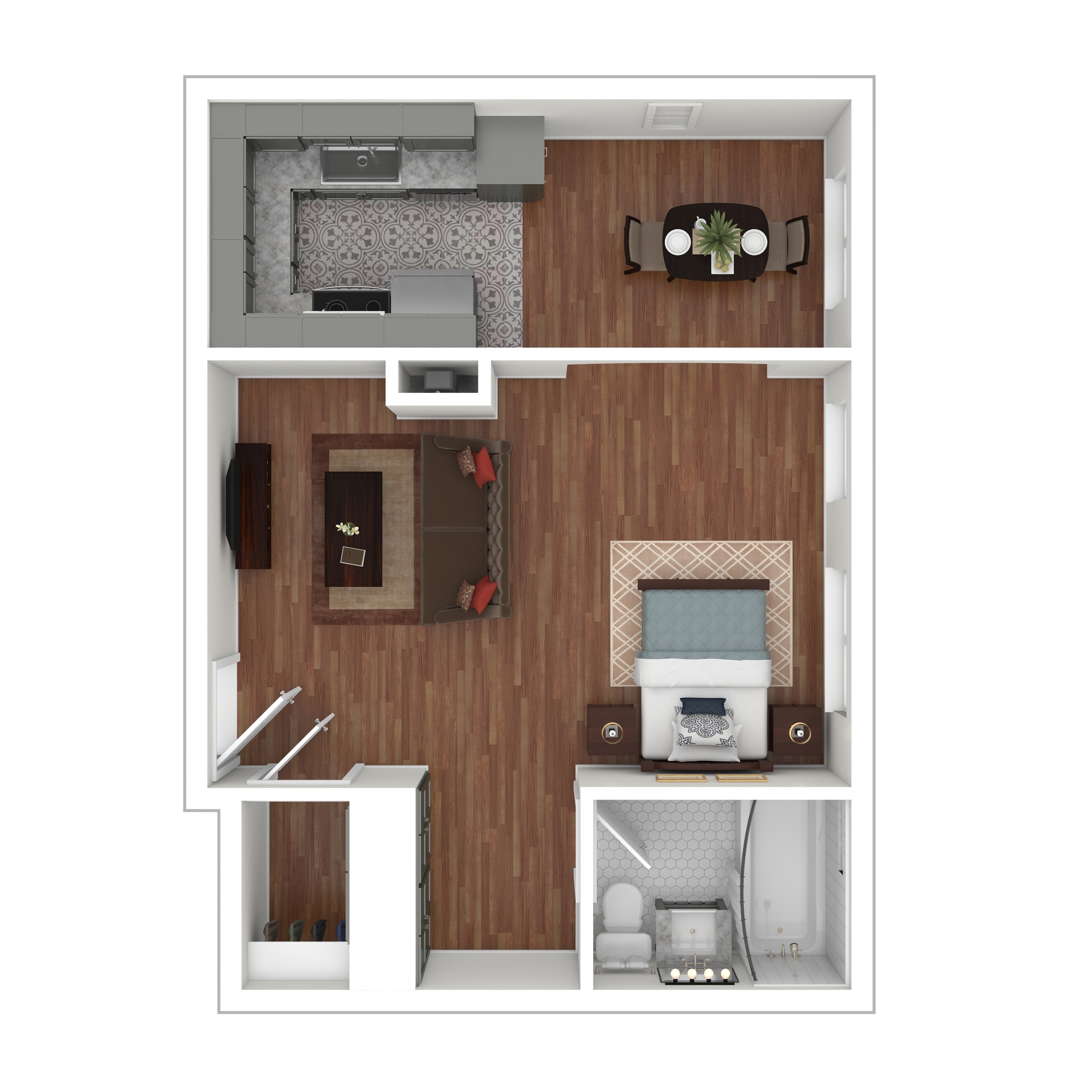 3D Furnished Rendering of Studio Floor Plan