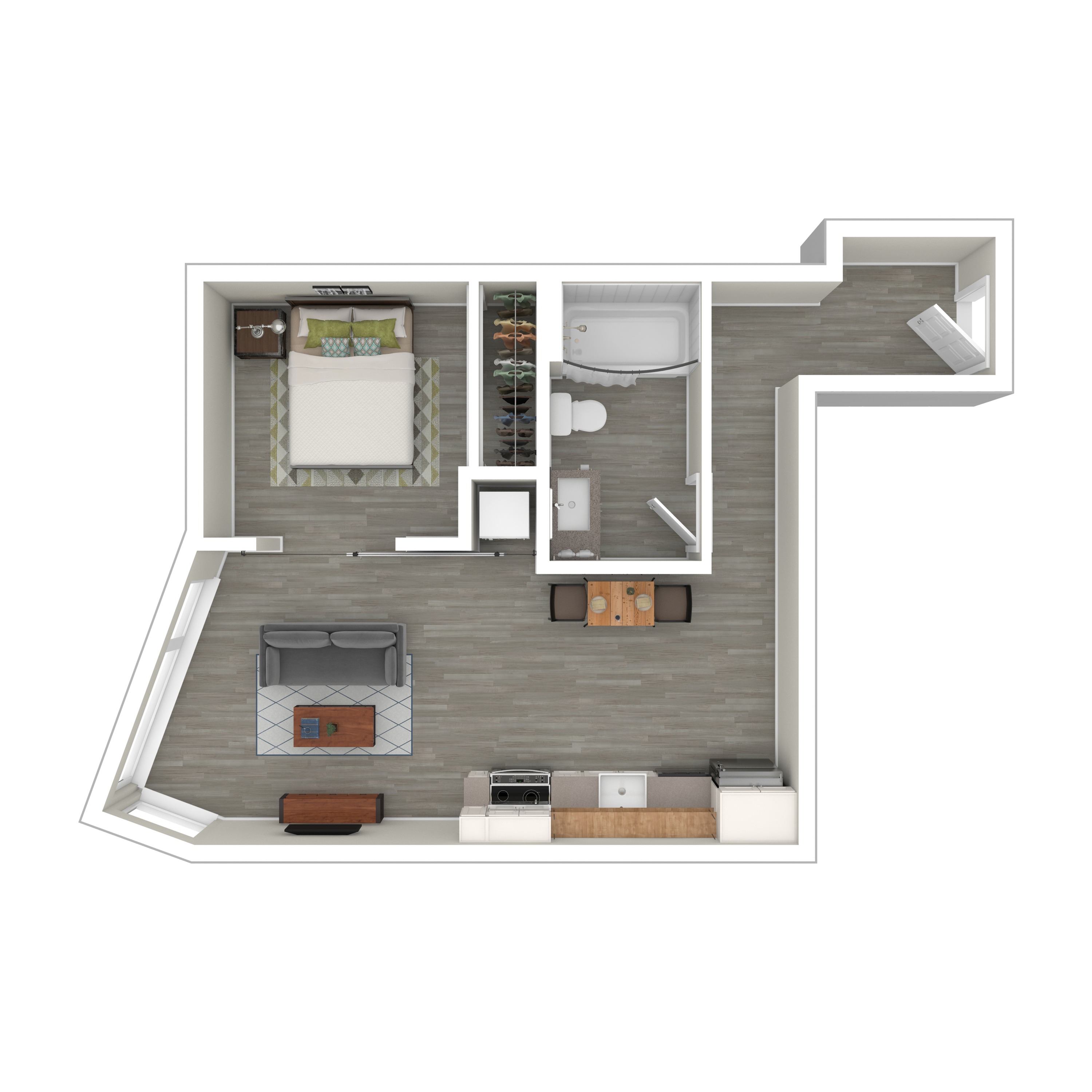 3D Furnished Floor Plan 1x1A