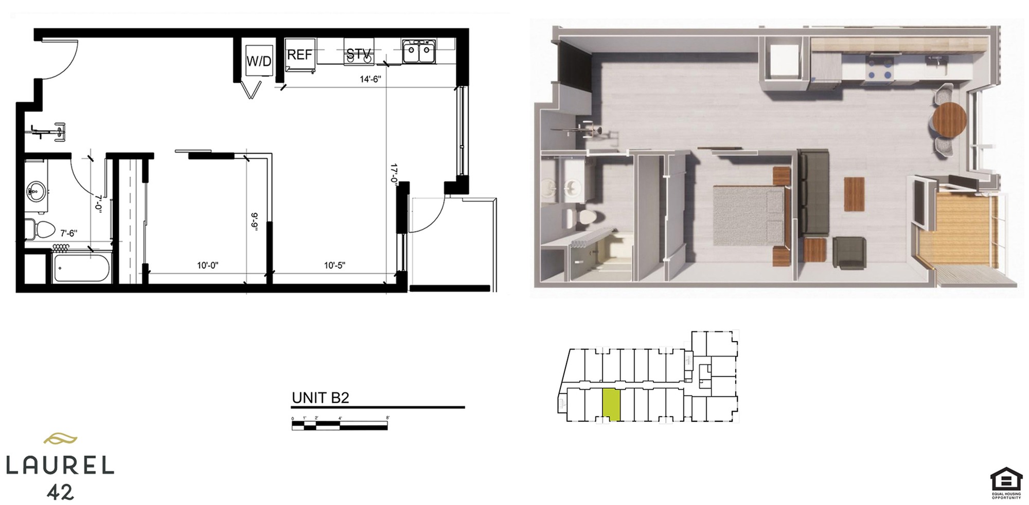 One-Bedroom, One-Bathroom 2D/3D Floor Plan - 1x1AE