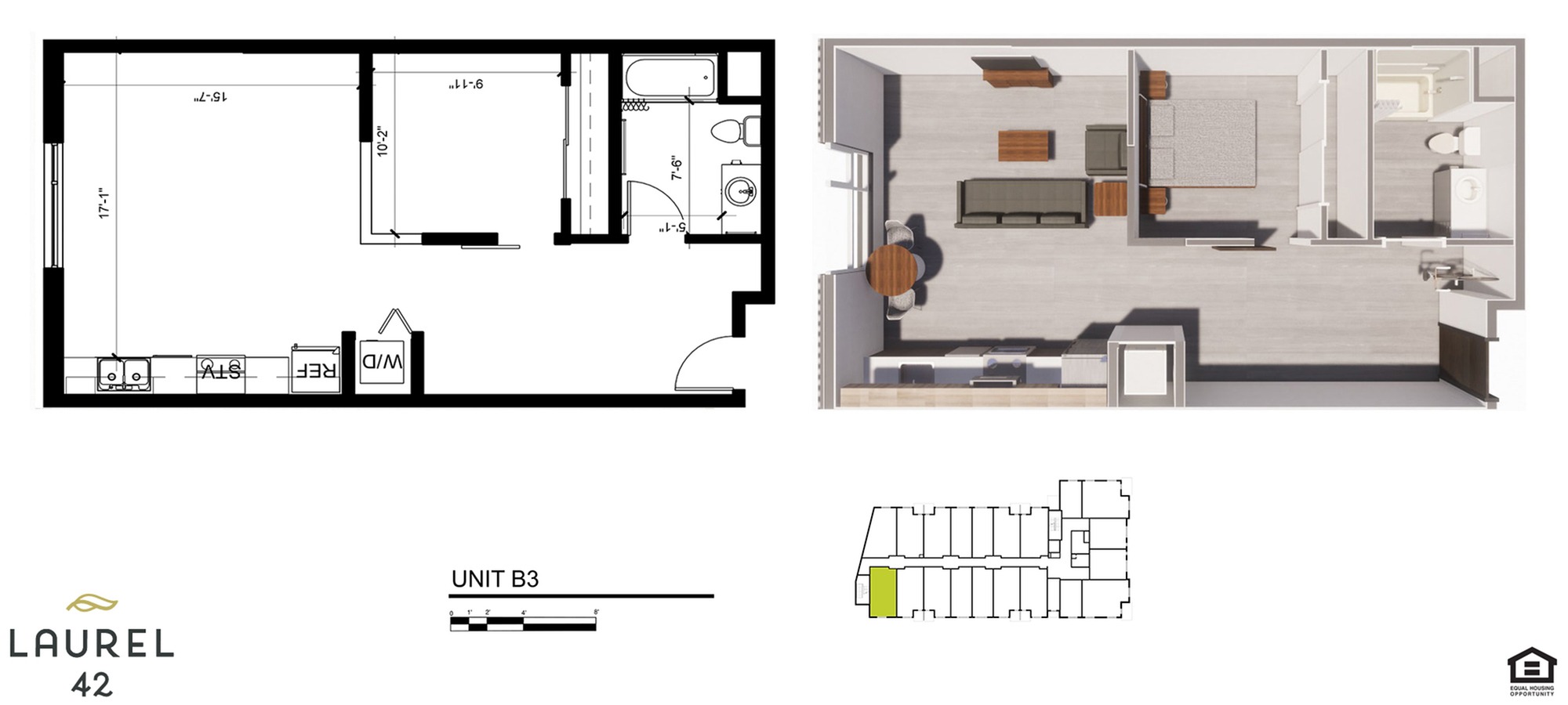 One-Bedroom, One-Bathroom 2D/3D Floor Plan - 1x1D