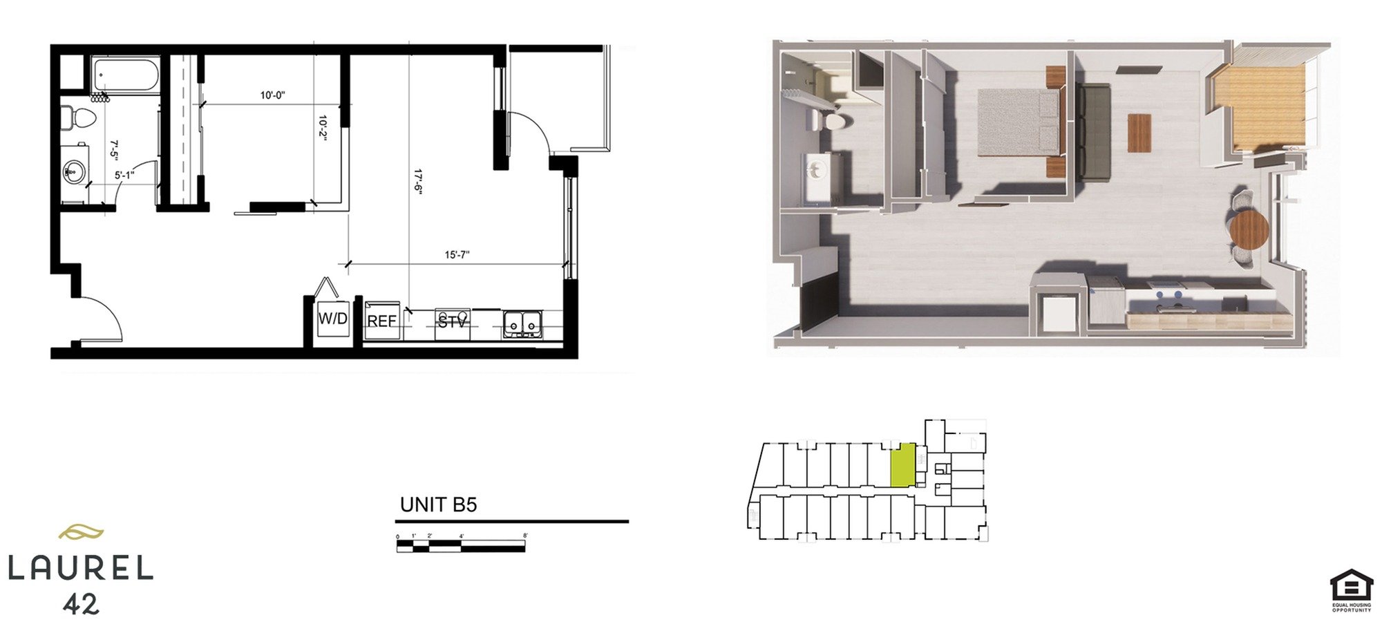 One-Bedroom, One-Bathroom 2D/3D Floor Plan - 1x1F