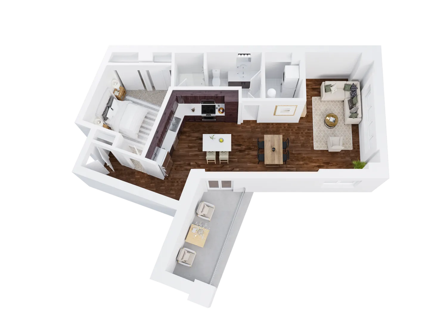 One-Bedroom, One-Bathroom Floor Plan Rendering with Balcony