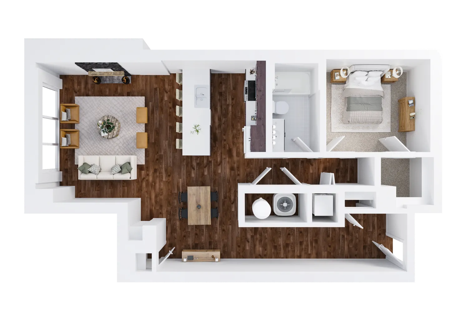 One-Bedroom, One-Bathroom Floor Plan Rendering