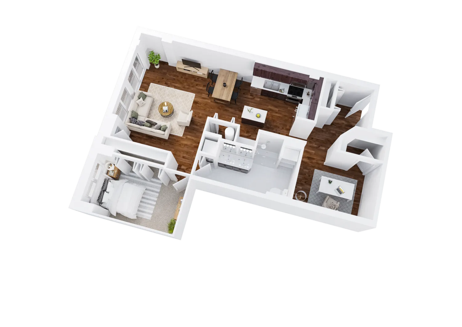 One-Bedroom, One-Bathroom Floor Plan Rendering with Den