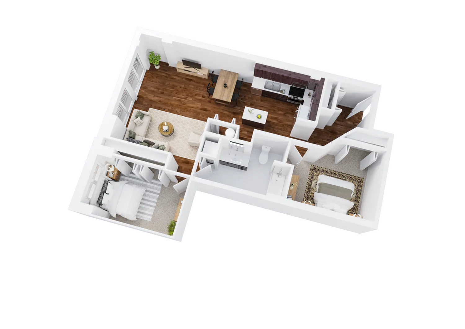 Two-Bedroom, One-Bathroom Floor Plan Rendering