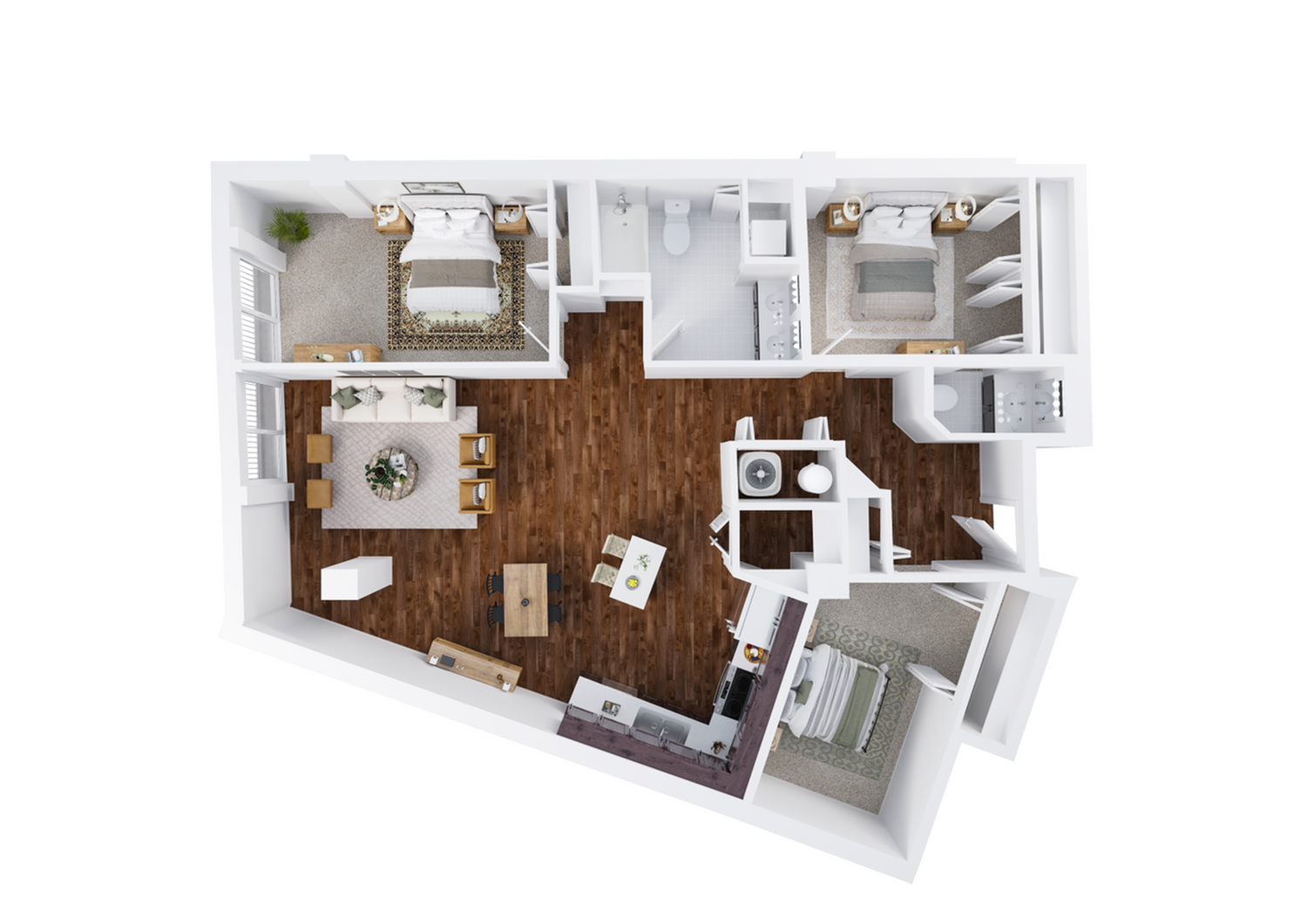 Two-Bedroom, One and 1/2-Bathroom with Den Floor Plan Rendering