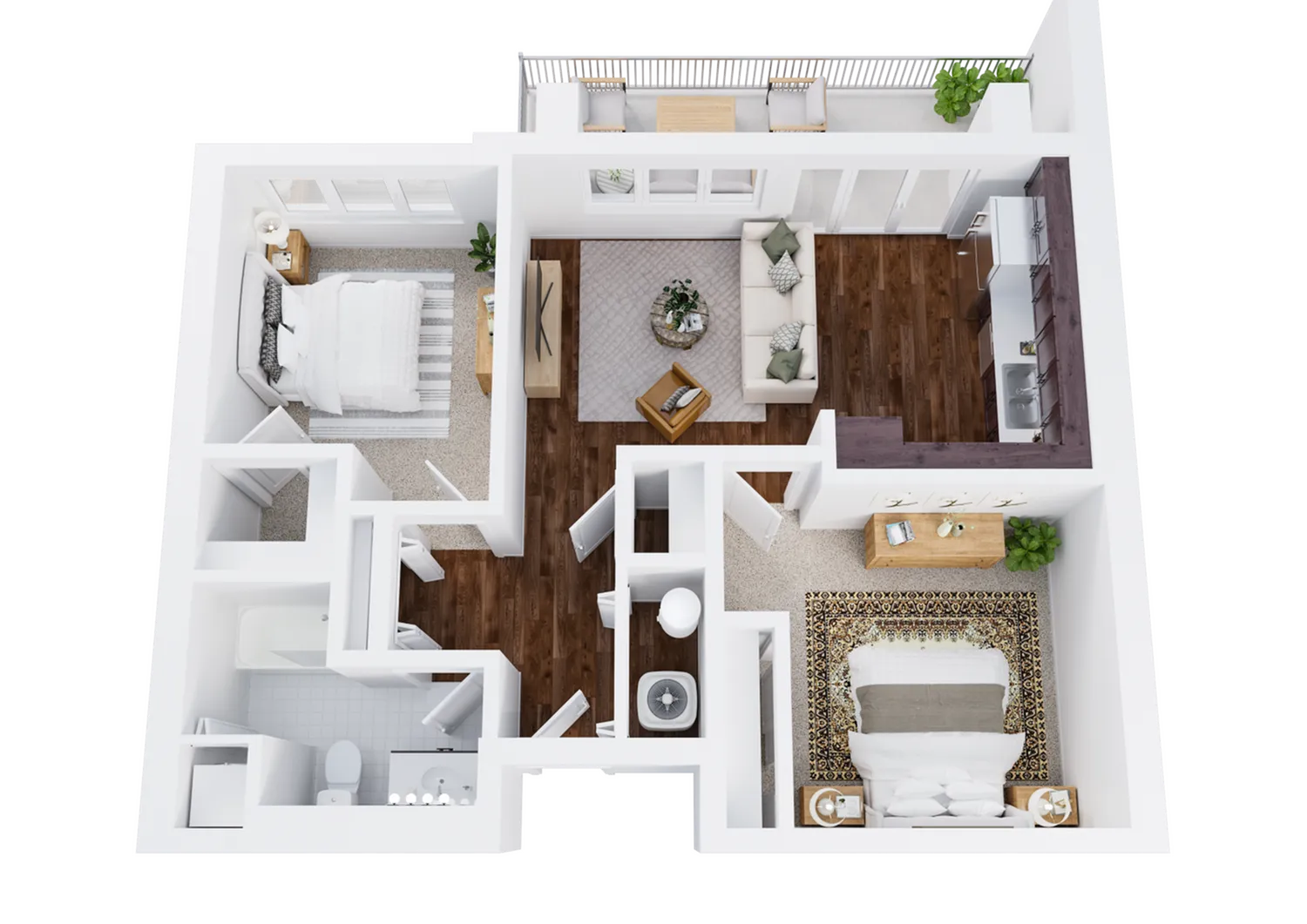 Two-Bedroom, One-Bathroom with Balcony Floor Plan Rendering