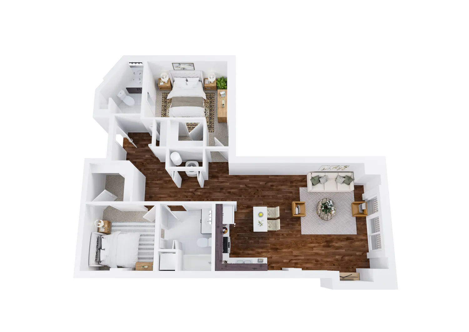 Two-Bedroom, Two-Bathroom Floor Plan Rendering