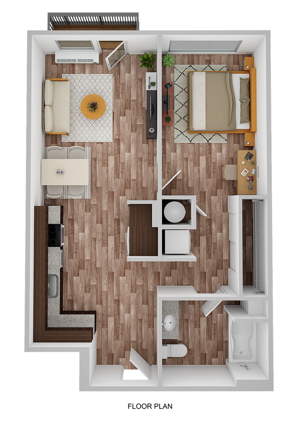 3D Floor Plan Rendering of the Simpson One-Bedroom, One-Bathroom Layout. 626-689 square feet
