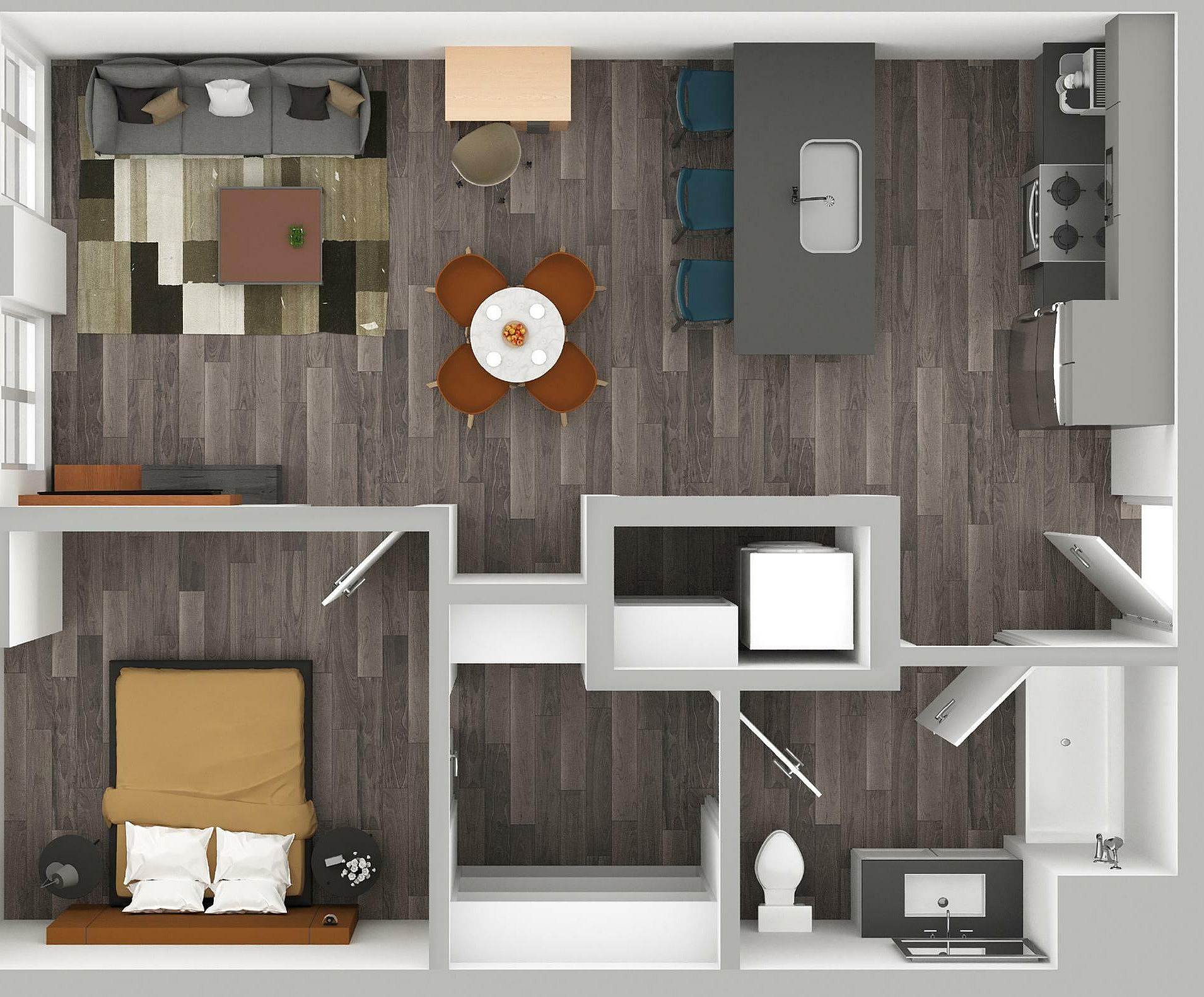 3D Floor Plan Rendering of a One-Bedroom, One-Bathroom Apartment with Furniture.