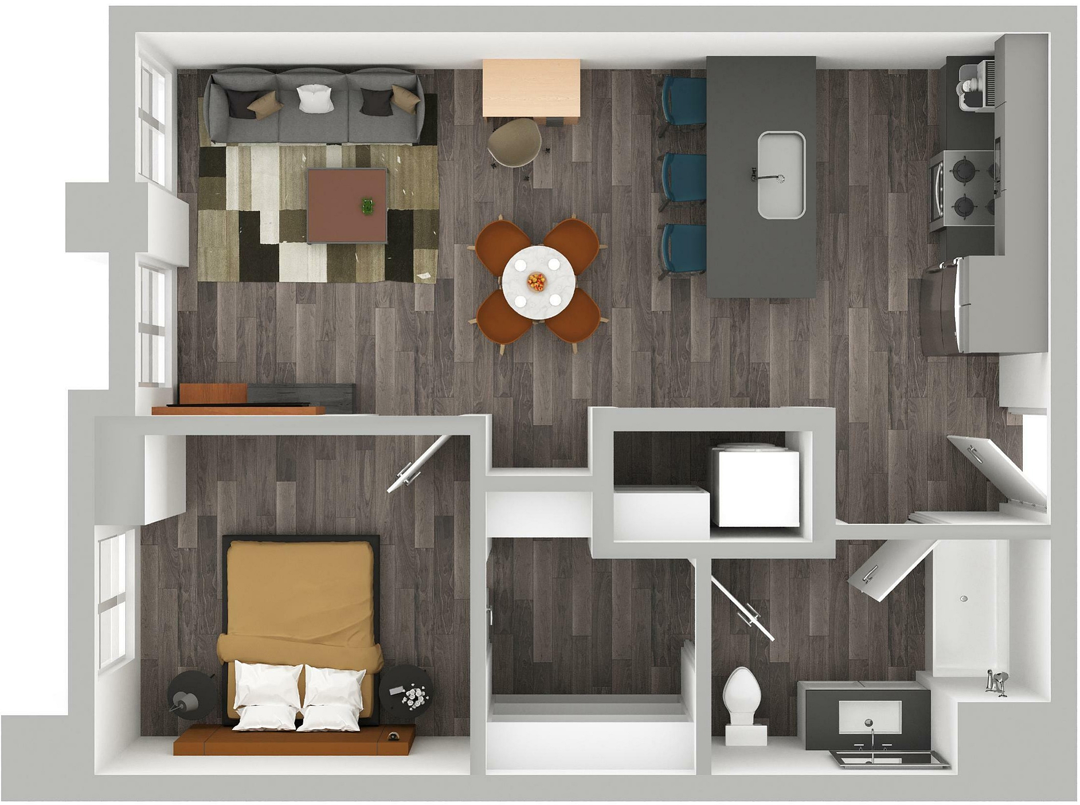 3D Floor Plan Rendering of a One-Bedroom, One-Bathroom Apartment with Furniture