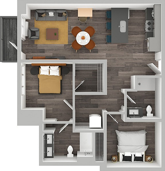 3D Floor Plan Rendering of a Two-Bedroom, Two-Bathroom Apartment with Furniture.
