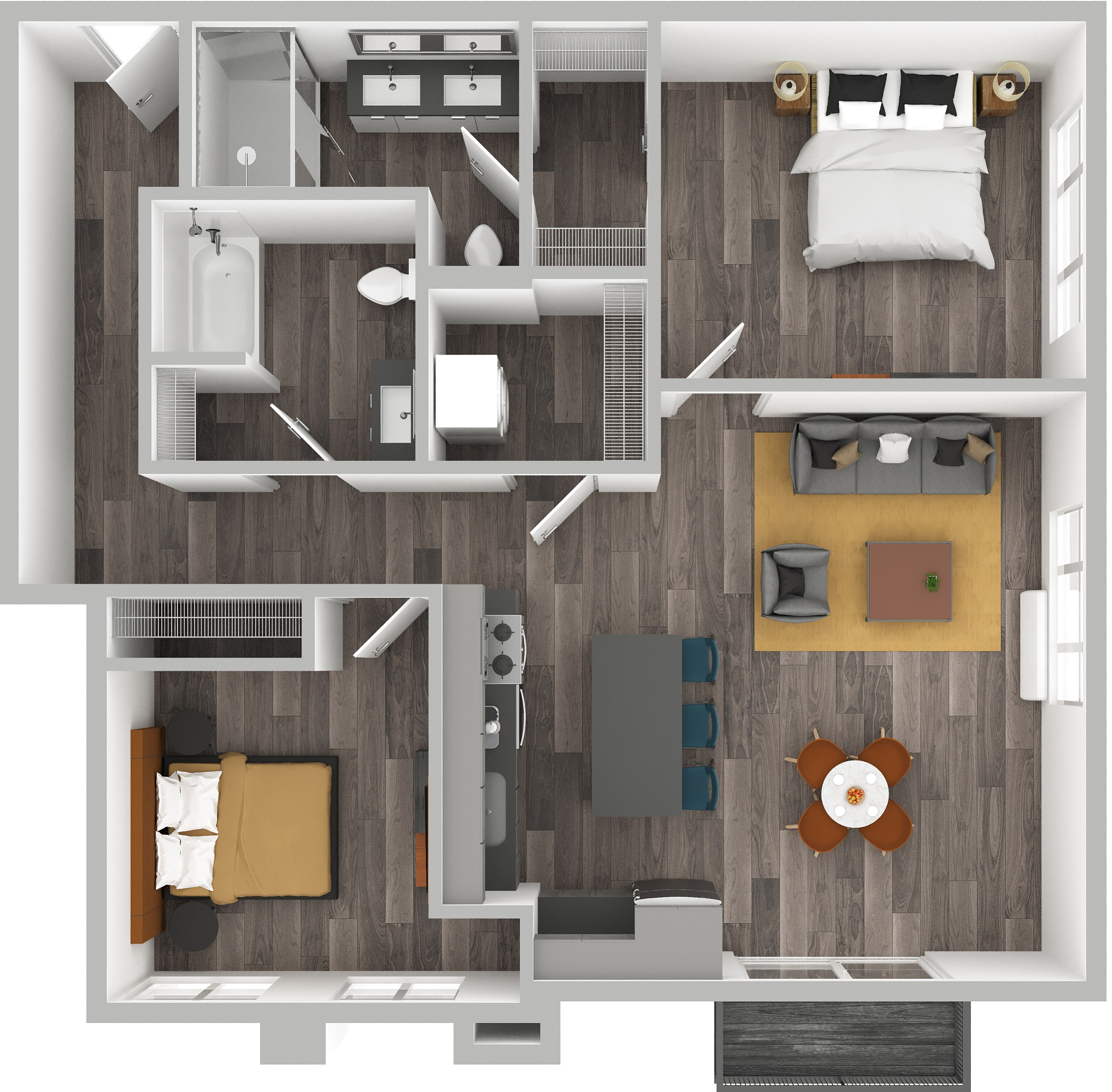 3d floor plan image of a 2 bedroom 2 bathroom with furniture