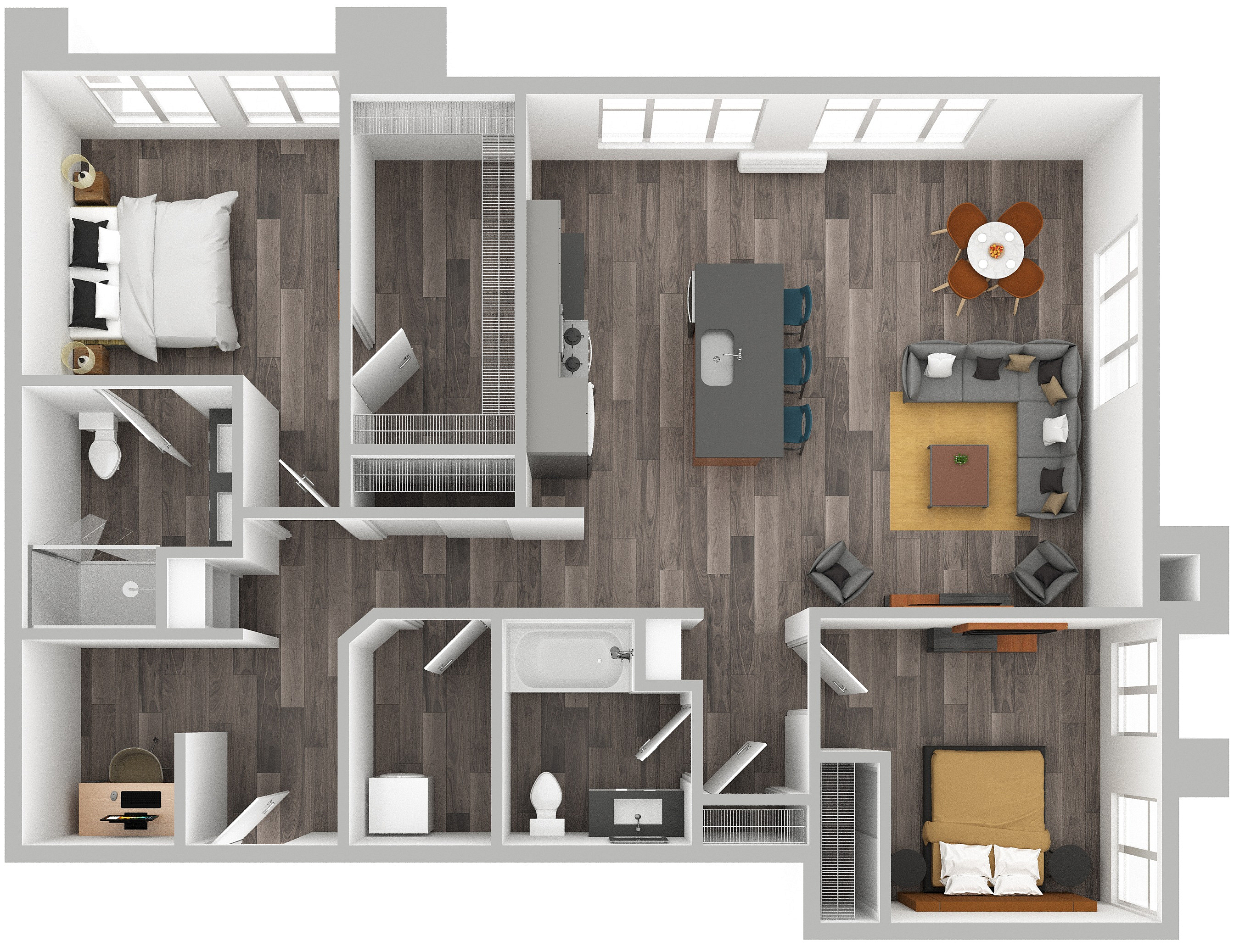 3D Floor Plan Rendering of a Two-Bedroom, Two-Bathroom Apartment with Furniture.