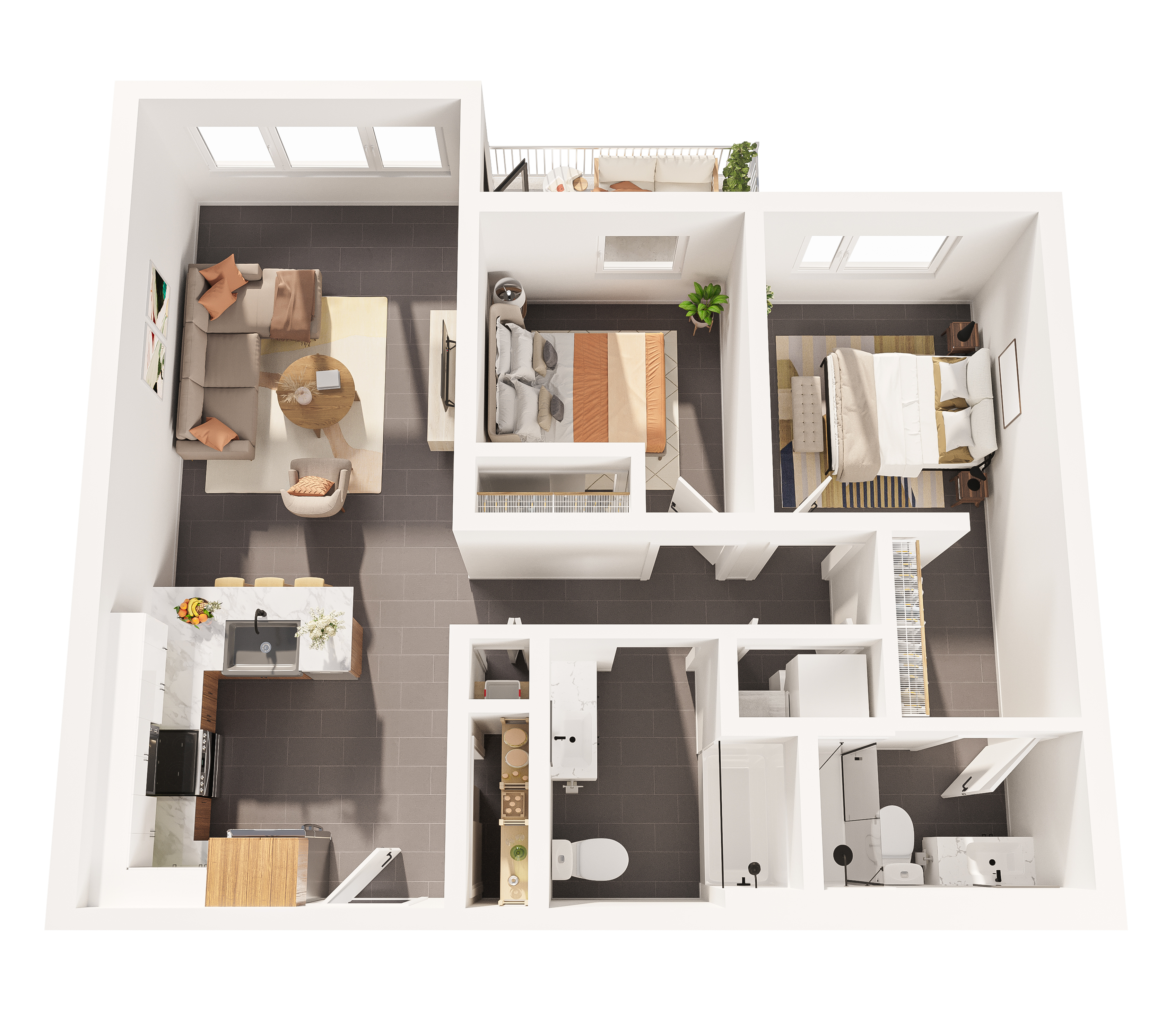 3D Floor Plan - The Caledera Two-Bedroom, Two-Bathroom Apartment