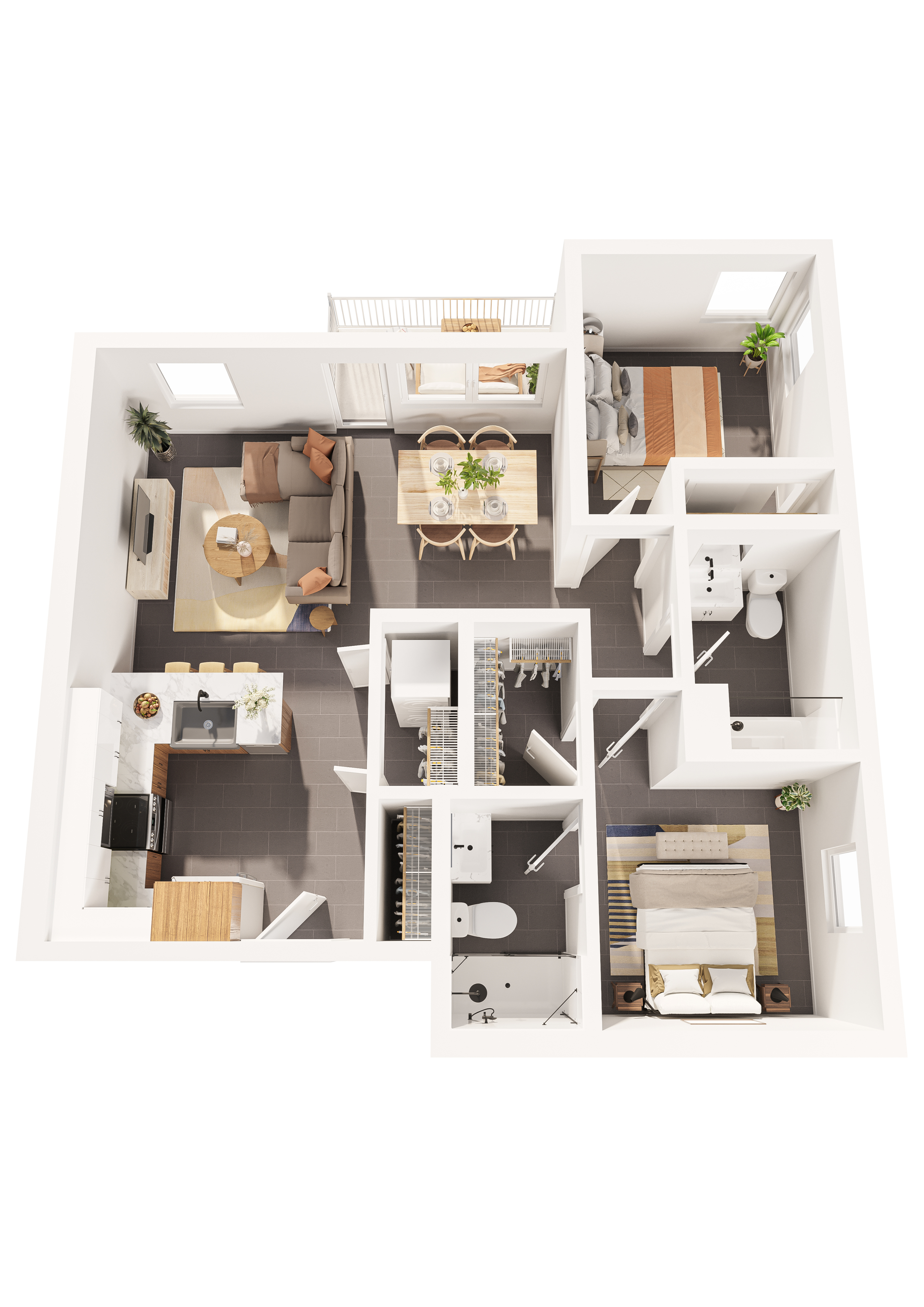 3D Floor Plan - The Cinder Two-Bedroom, Two-Bathroom Apartment