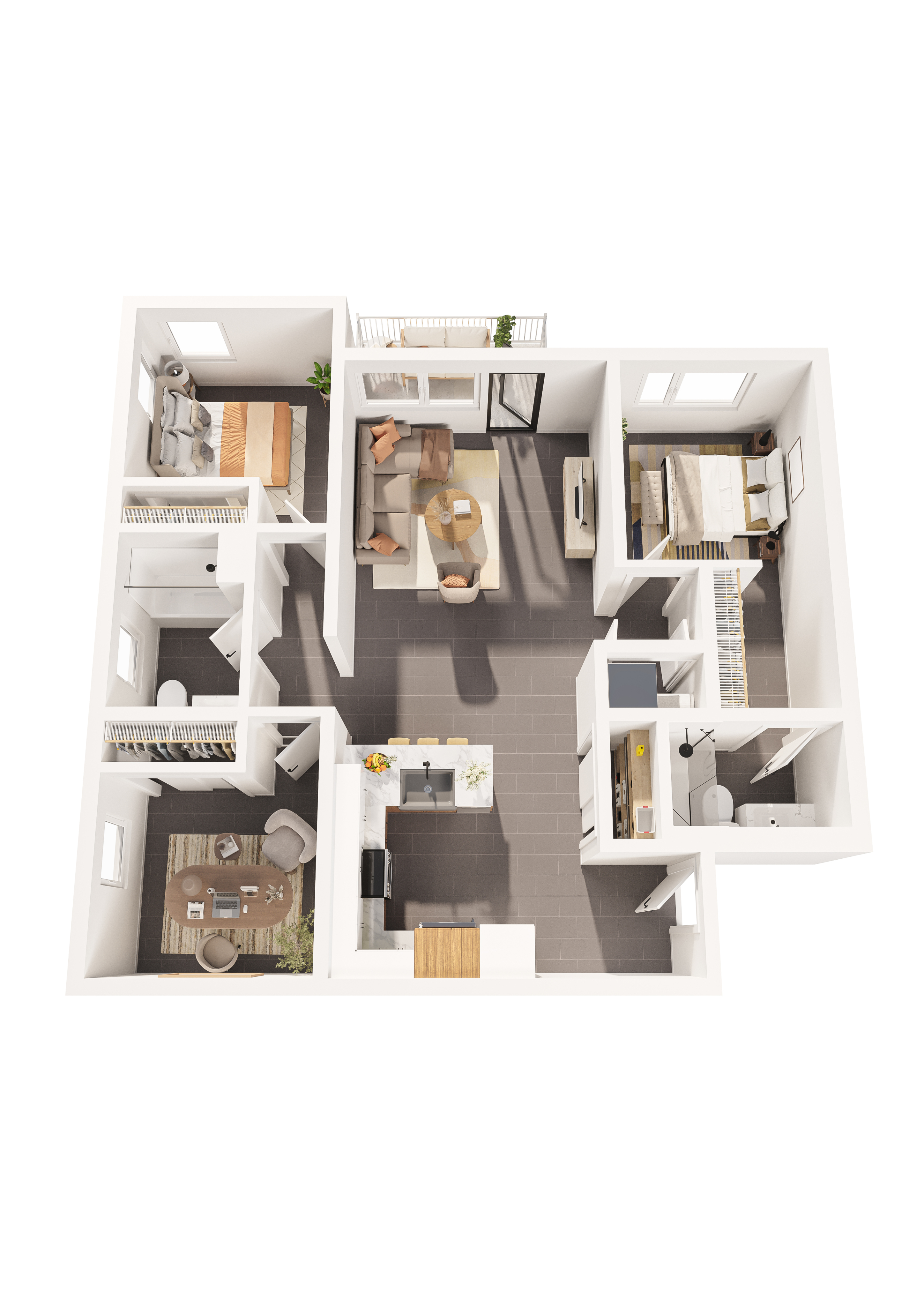 3D Floor Plan - The Basin Three-Bedroom, Two-Bathroom Apartment