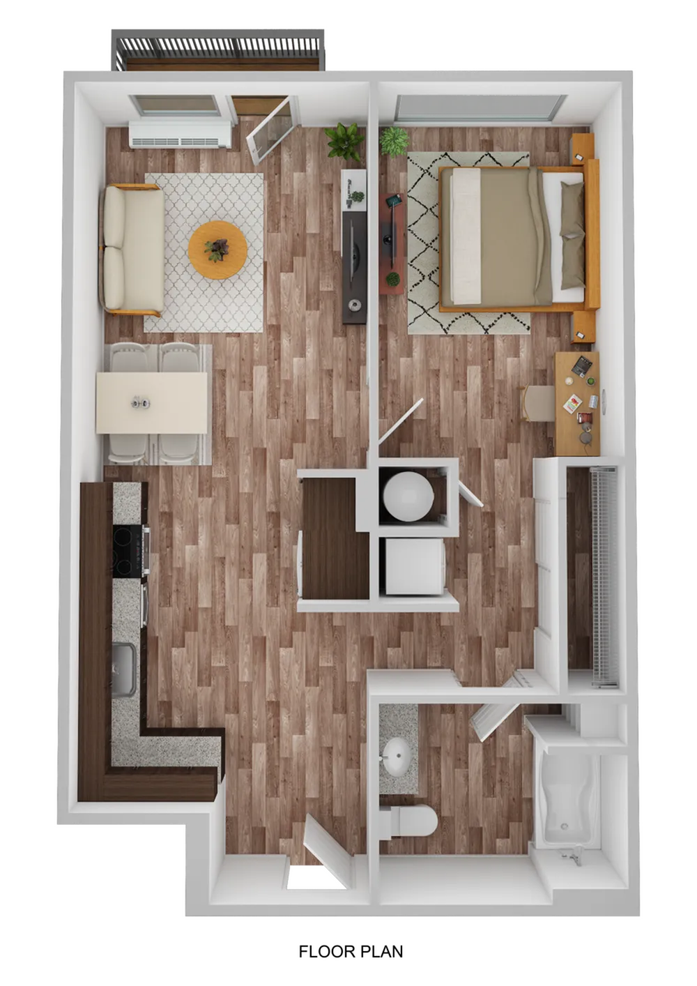 3D Rendering of a 1 Bedroom Floor Plan - 699 sq ft.
