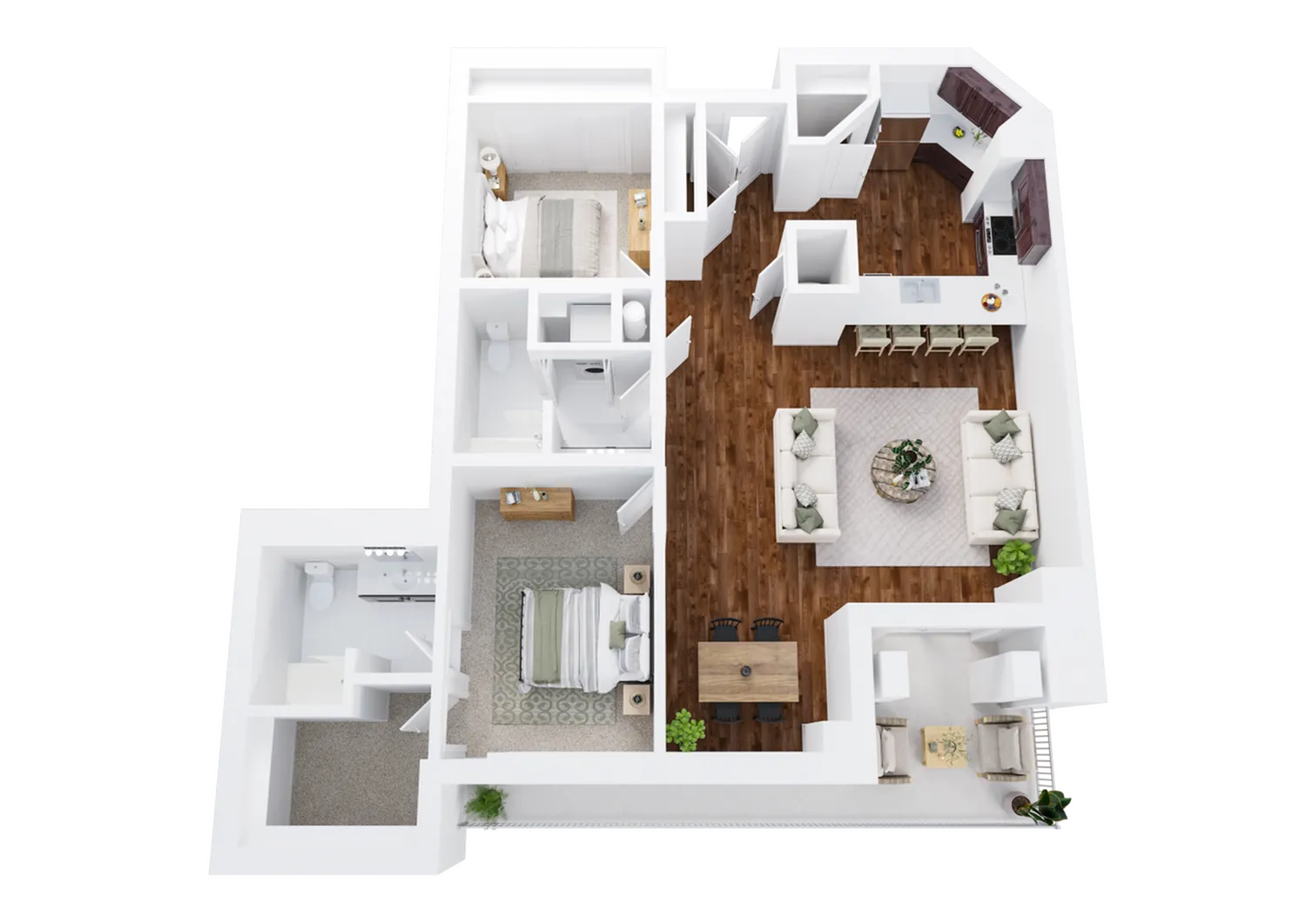 Two-Bedroom, One and A Half Bathroom with Balcony Floor Plan Rendering