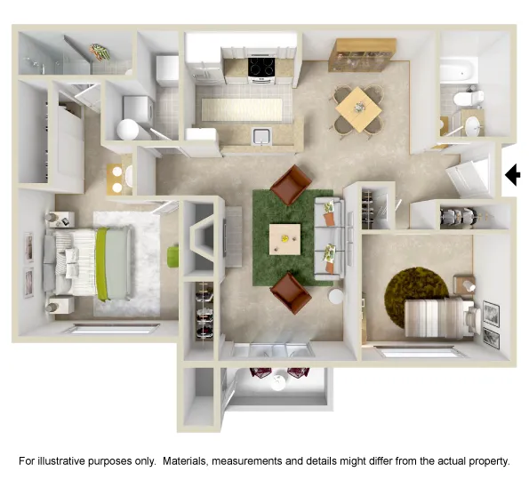 two-bedroom, two- bathroom 3D Floor plan rendering