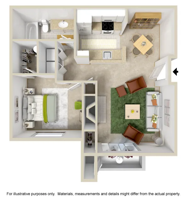 3D floorplan of Timber Flats A1 Renovated floorplan