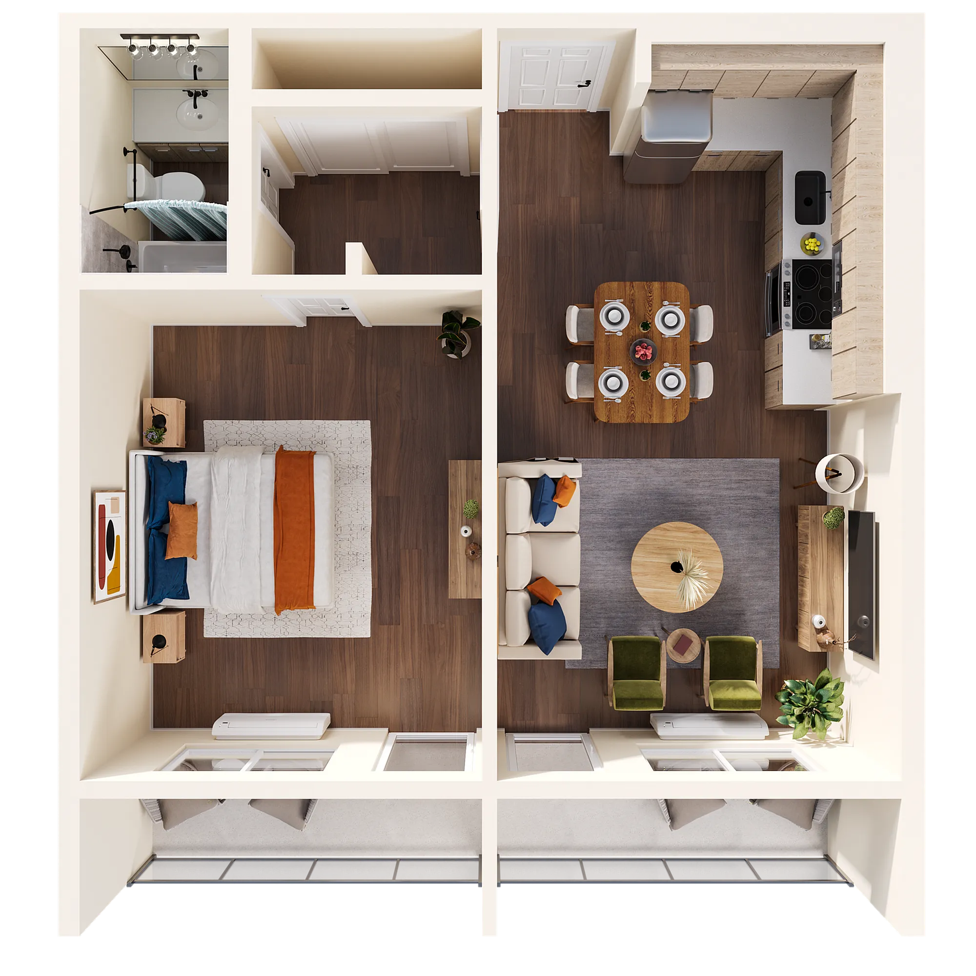 3D floorplan of a 1 Bedroom unit at Solaris at Tucson