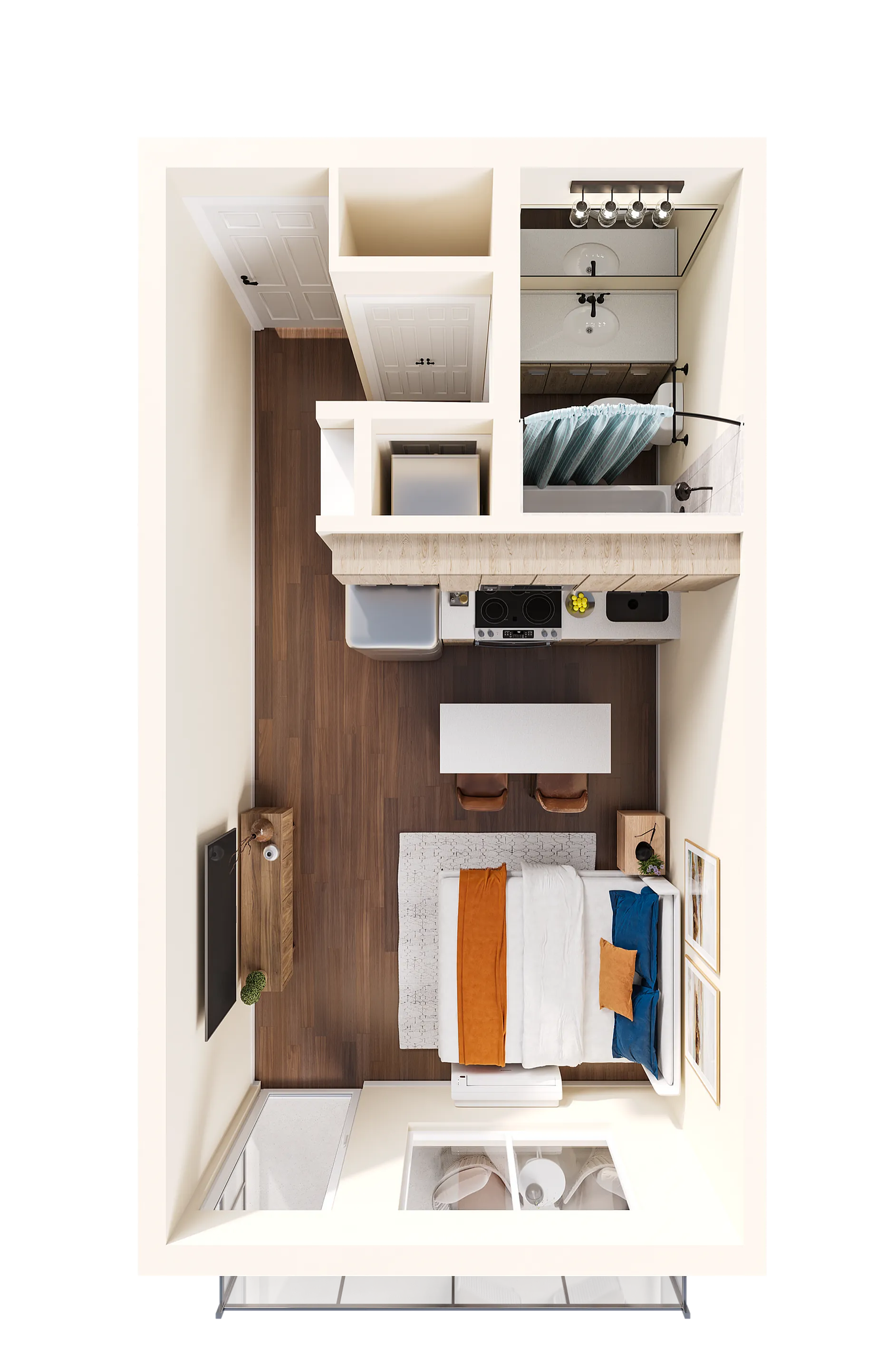 3D floorplan of a studio unit at Solaris at Tucson