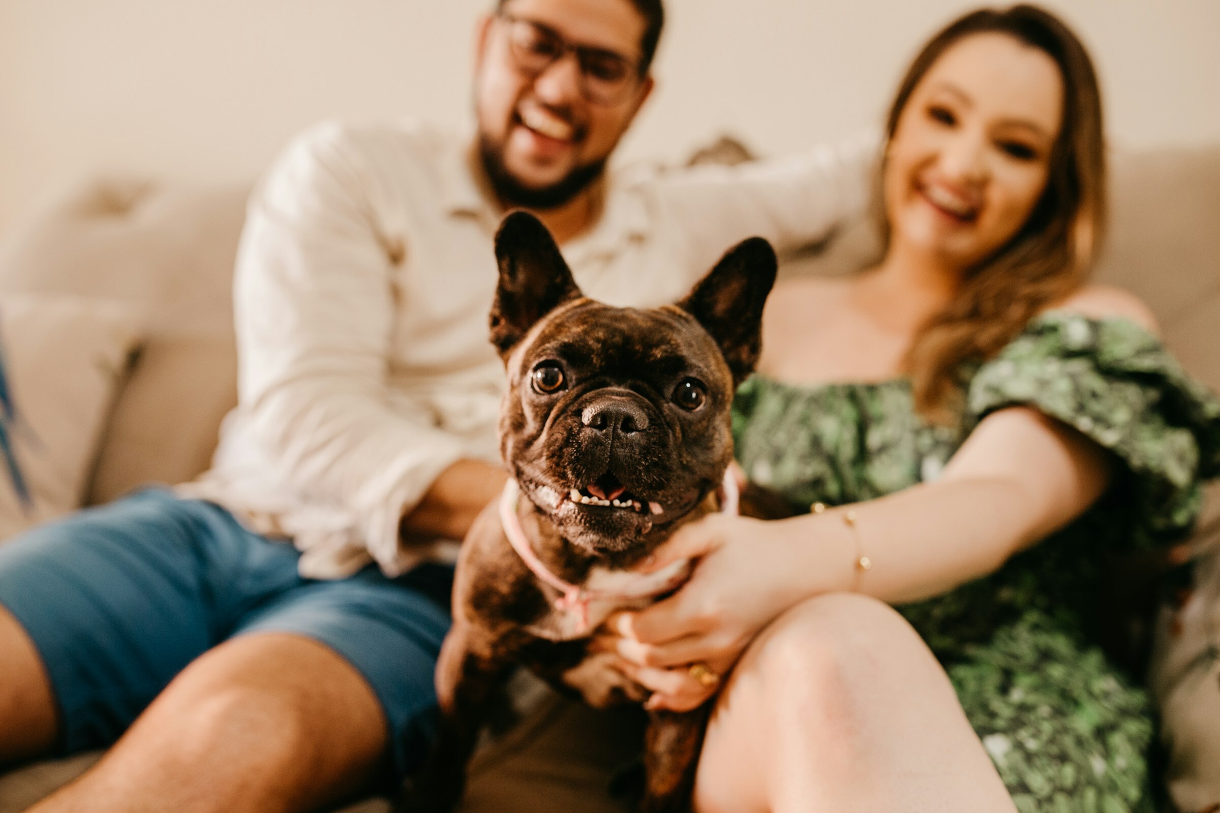 couple sitting on sofa with dog
