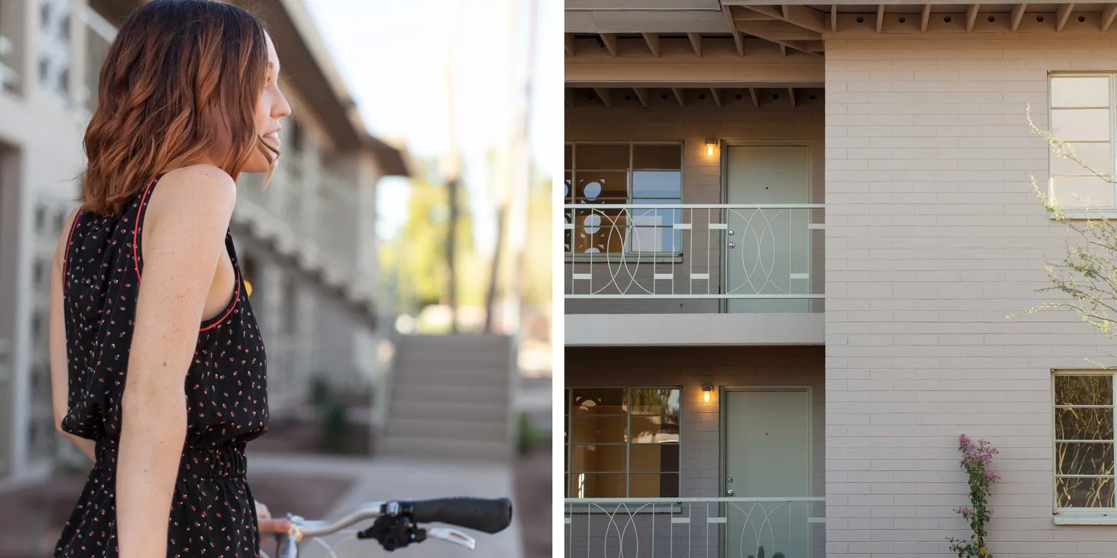 split image of woman standing with bike and 2 story apartment building at Oasis 20