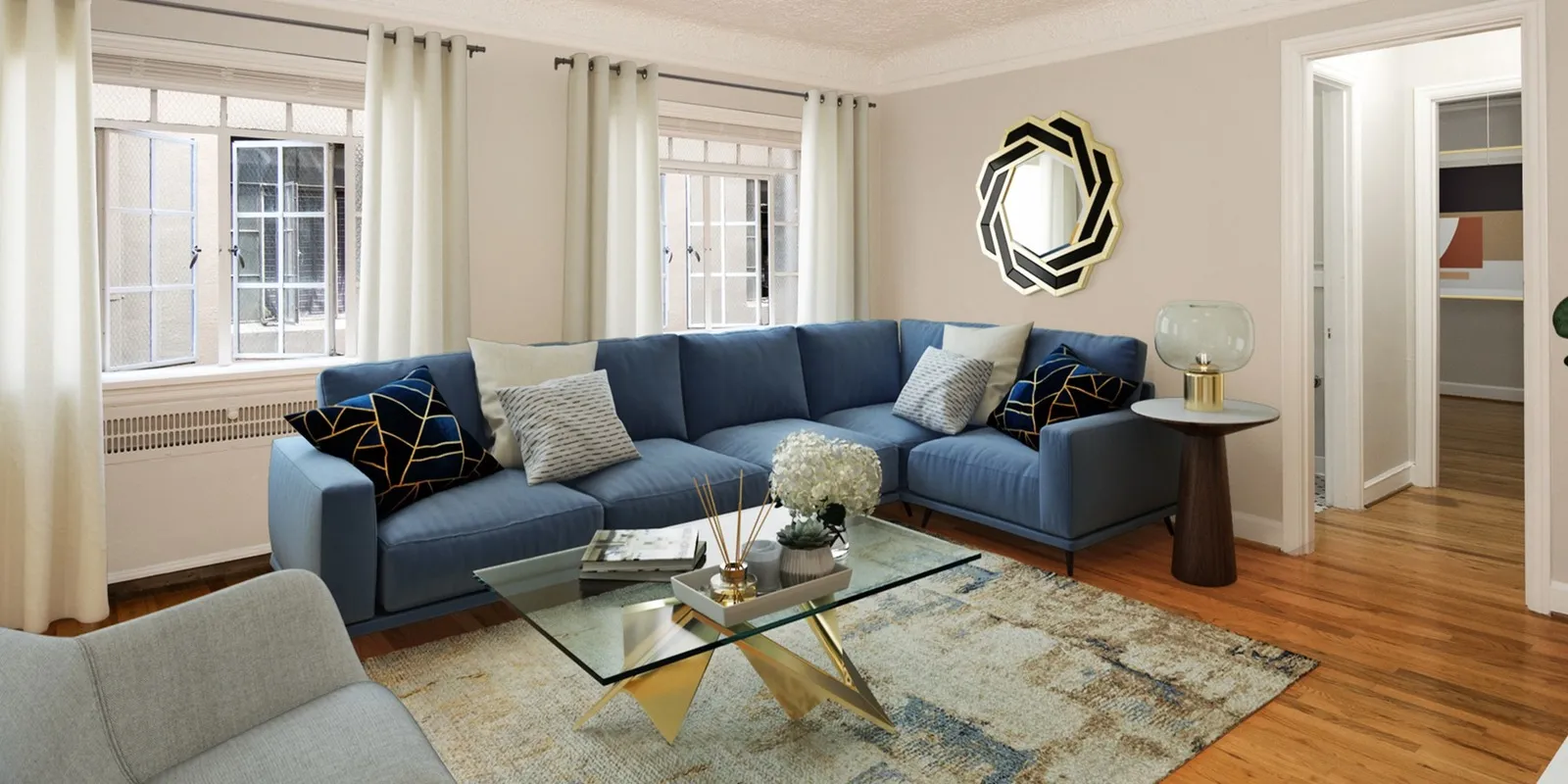Living room with modern furniture and hardwood flooring