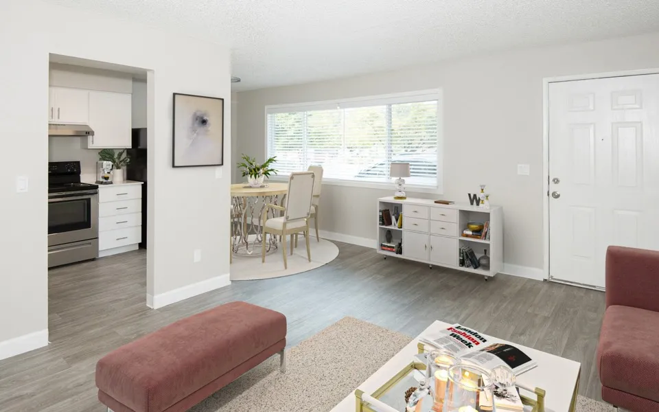 virtually staged living room with vinyl wood like flooring with coffee table at 81 powell apartments