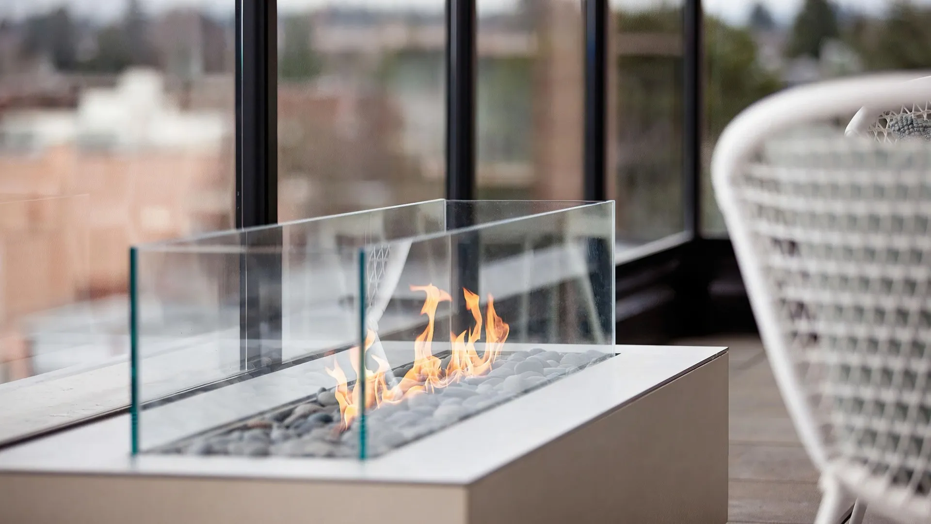 Close-up of fireplace on rooftop deck