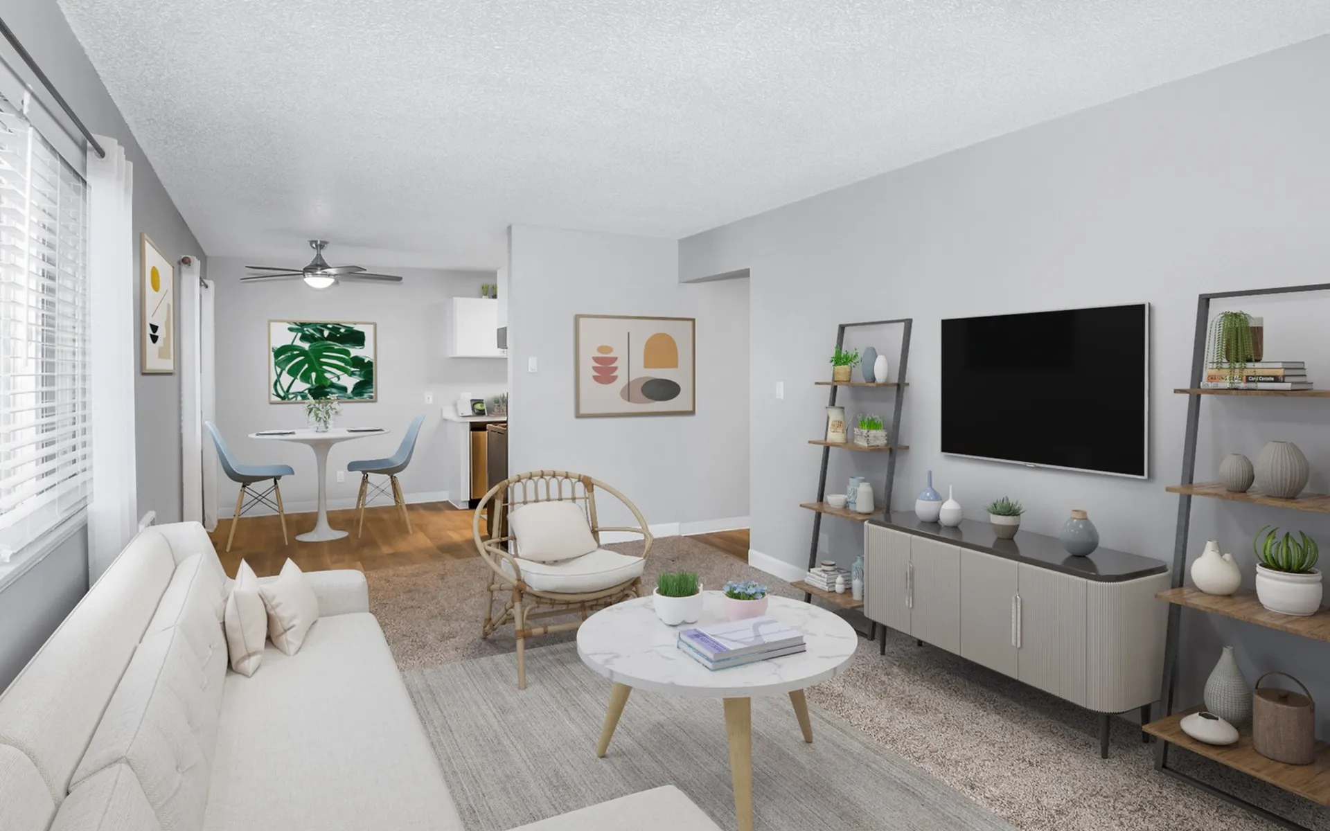 cozy living room with carpet and dining nook