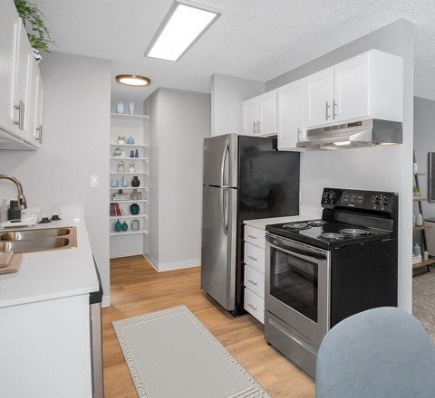 kitchen with stainless-steel appliances and wood flooring