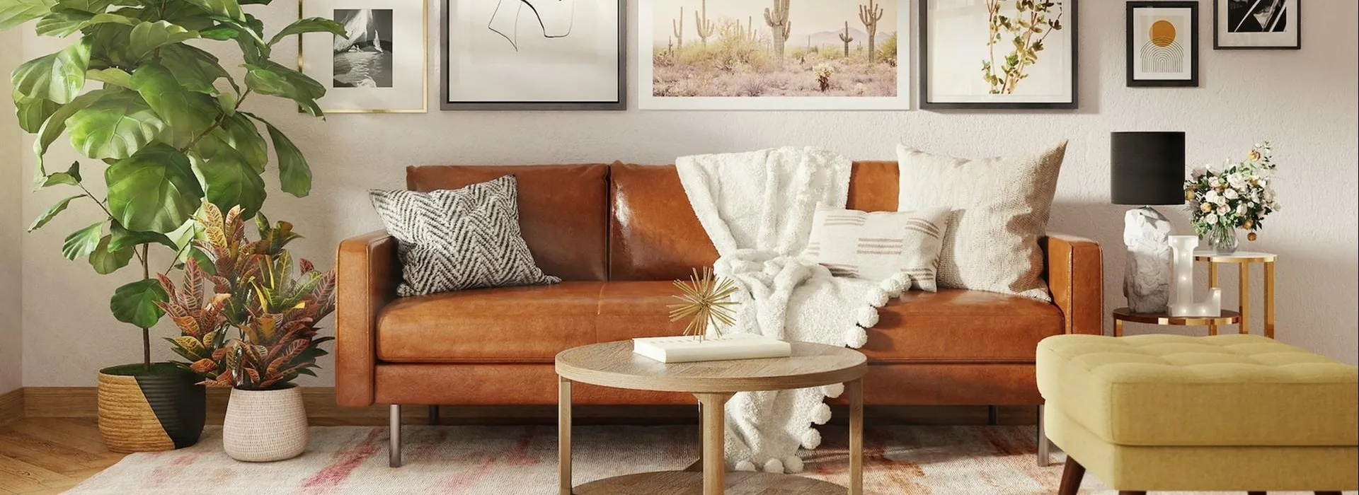leather sofa with side tables and plants at the sides