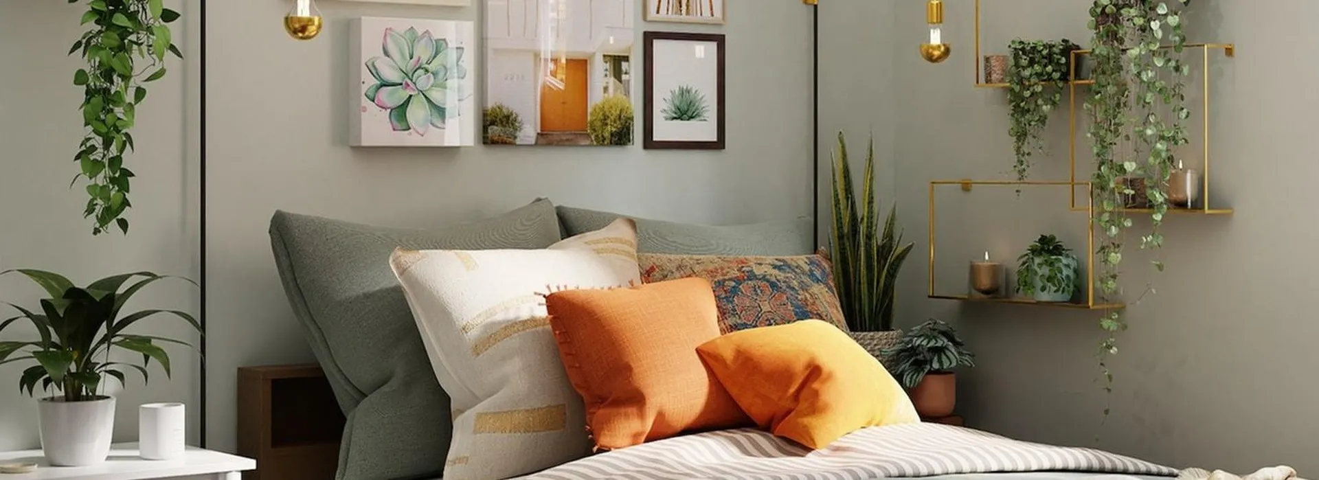 bed with orange accent pillows plants on both sides