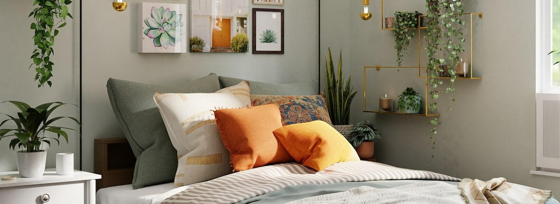 bed with orange accent pillows and plants hanging throughout