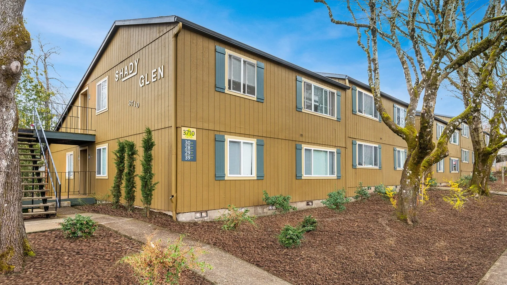 corner of two story apartment building at shady glen apartments