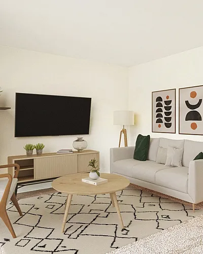 living room with beige sofa and round coffee table