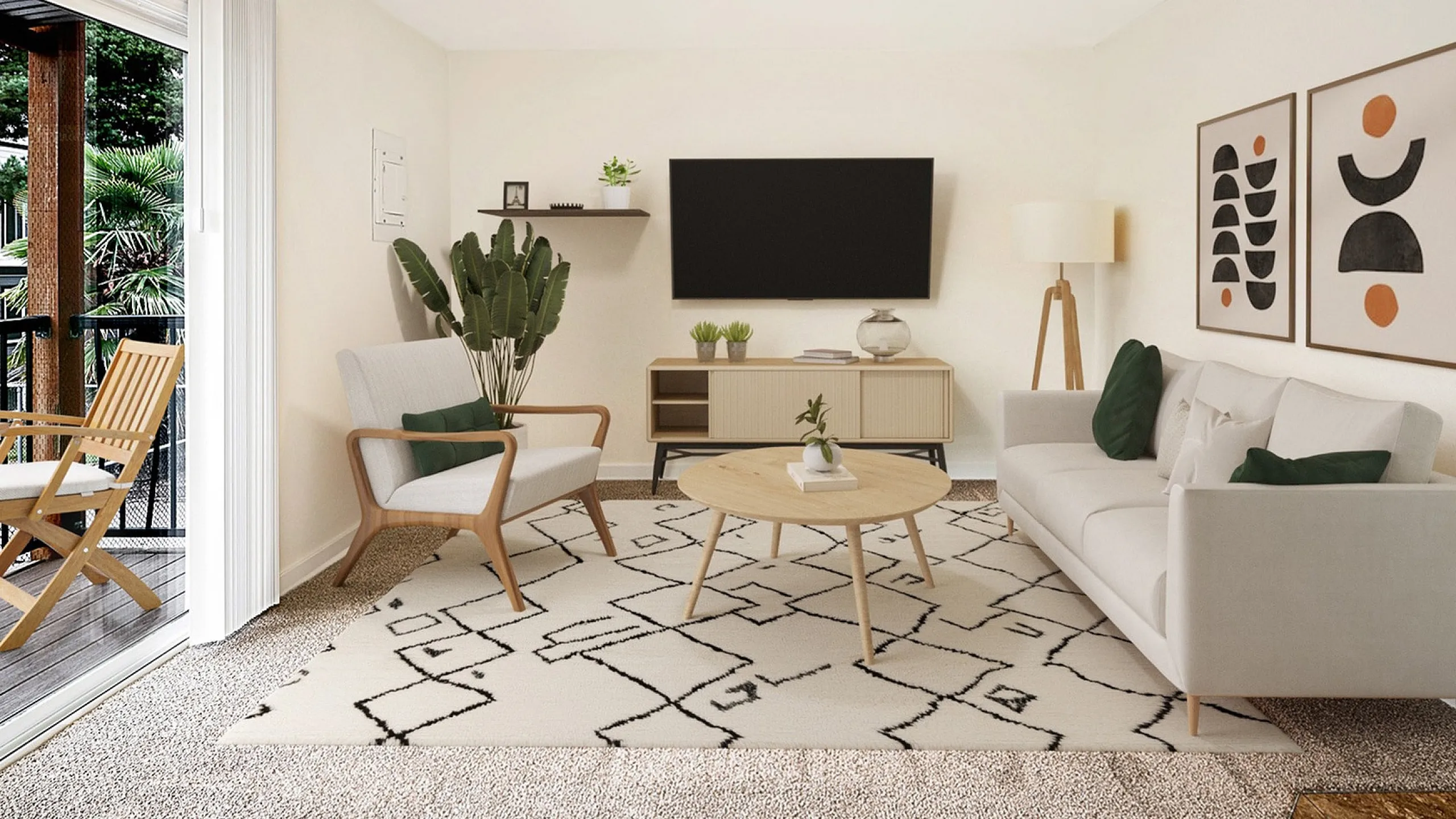 living room with taupe sofa and arm chair and tv mounted on the wall with entertainment console under