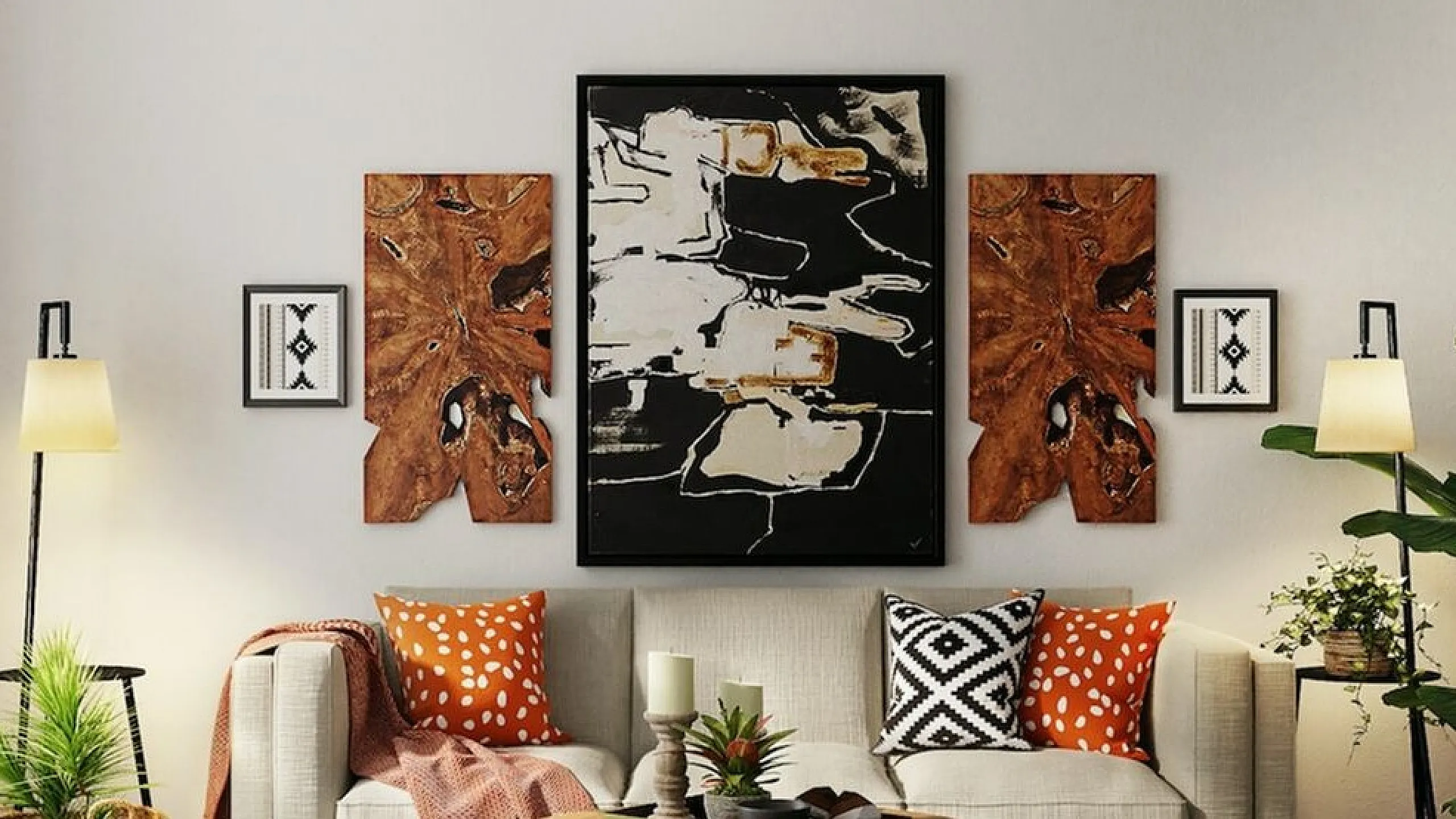 large decorative art pieces on the wall