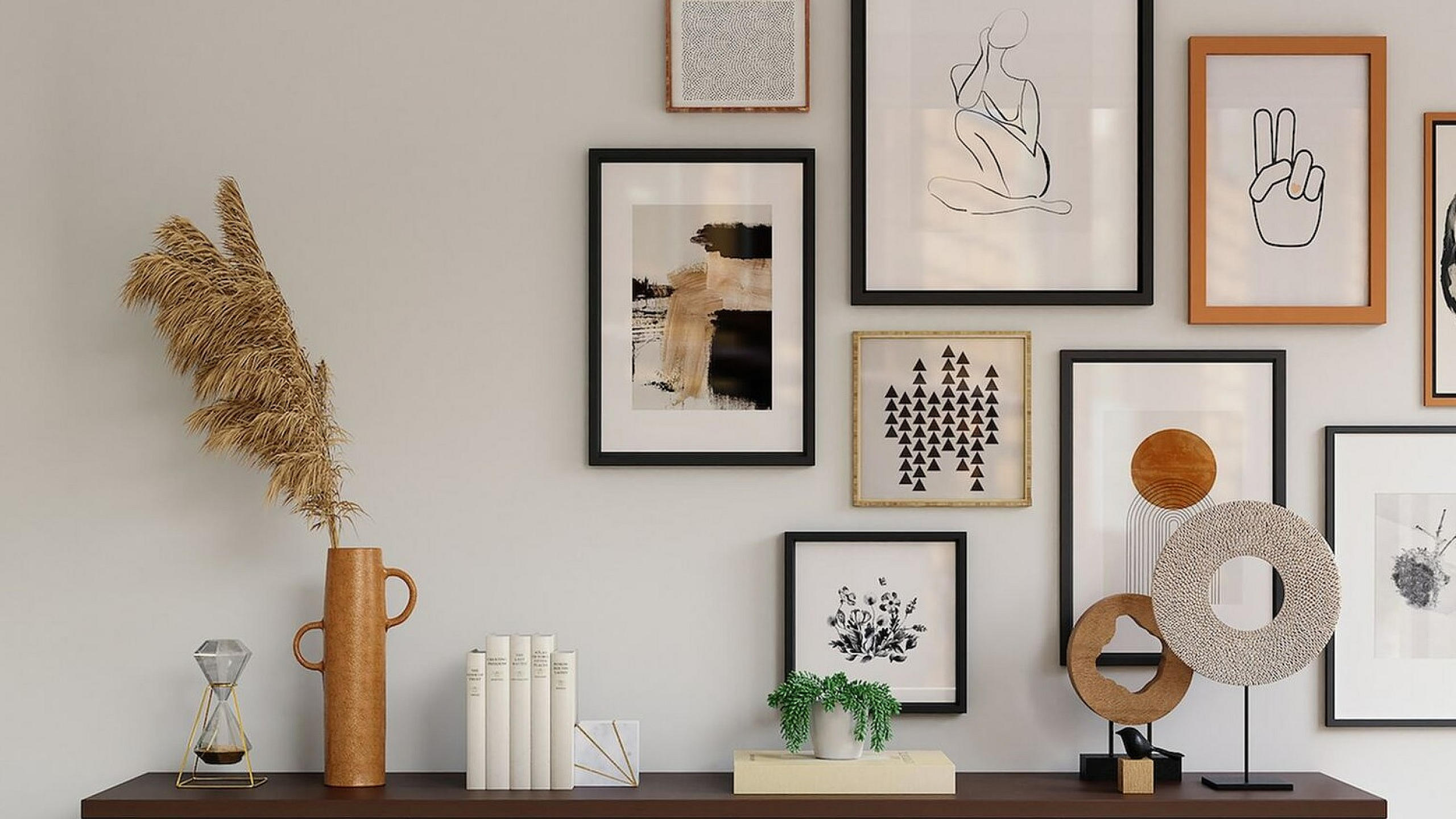 gallery wall with multiple shaped and sized frames
